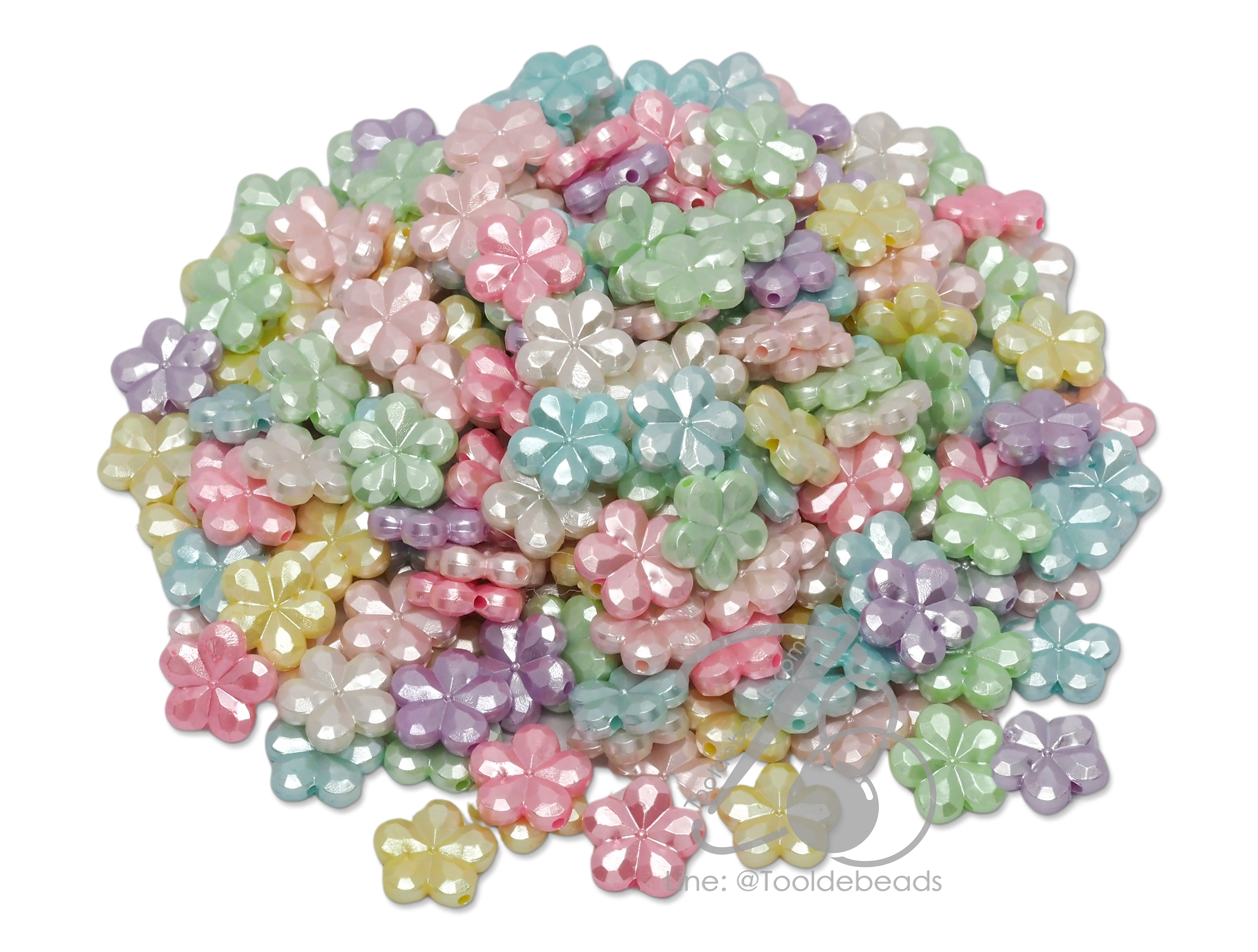 ลูกปัดพลาสติกเคลือบมุก 14มม. ลายดอกแก้ว คละสี (15 กรัม) SKU-15303