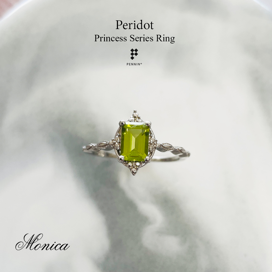 MONICA: แหวนวินเทจ เพอริโด (Peridot) สี่เหลี่ยม ก้านเกลียว Infinity เงินแท้ชุบทองคำขาว