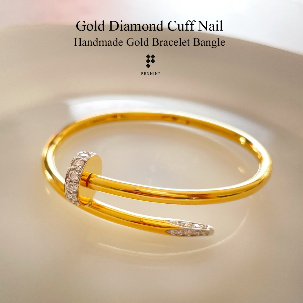 กำไลตะปูประดับเพชรน้ำ 100 เกรด Premium งานช่างทองขึ้นมือ ทองคำแท้ ใส่สวย มีออร่า