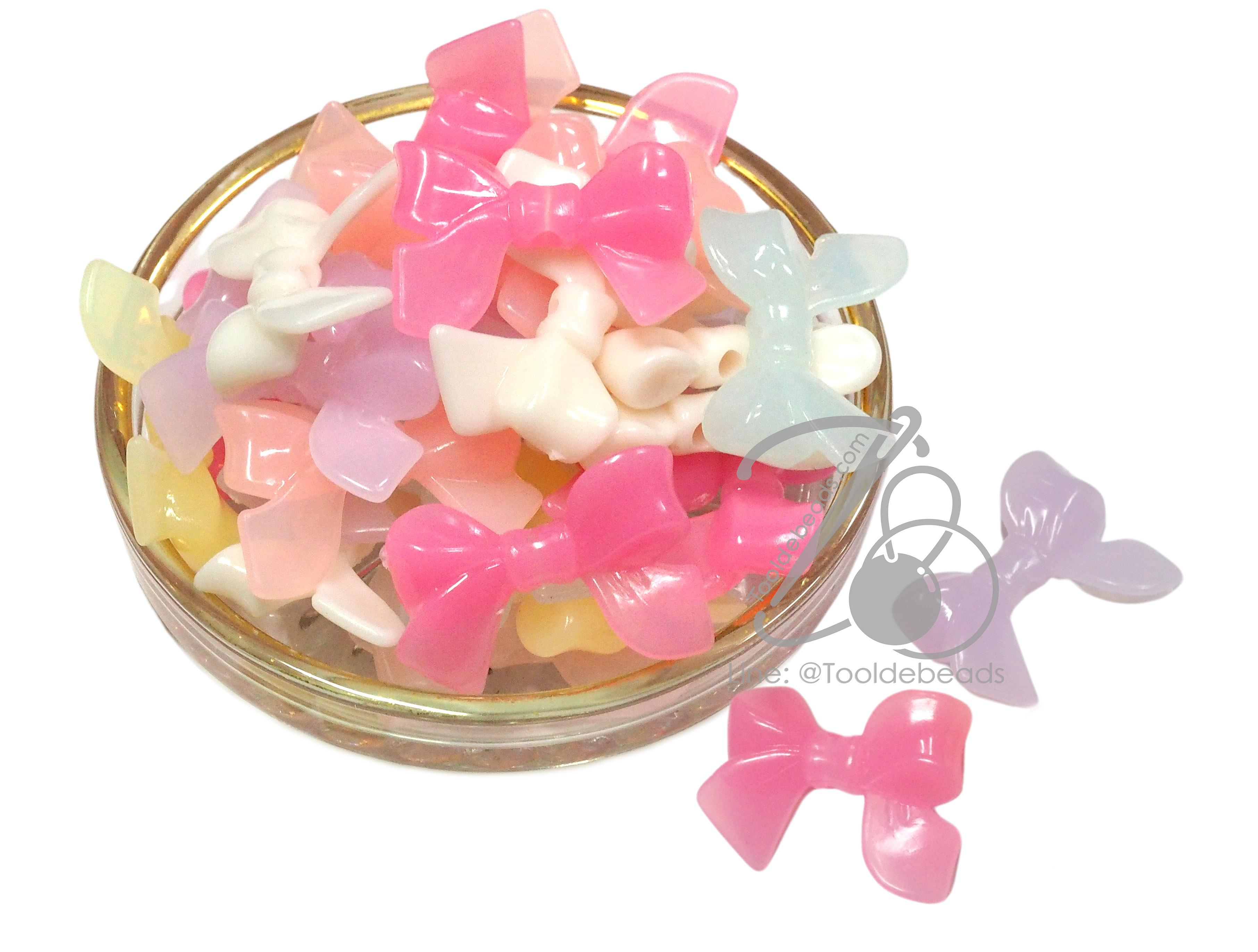 ลูกปัดอะคริลิค 30มม. ลายโบว์มีหางหยัก คละสีเยลลี่หวาน (10 กรัม) SKU-15055