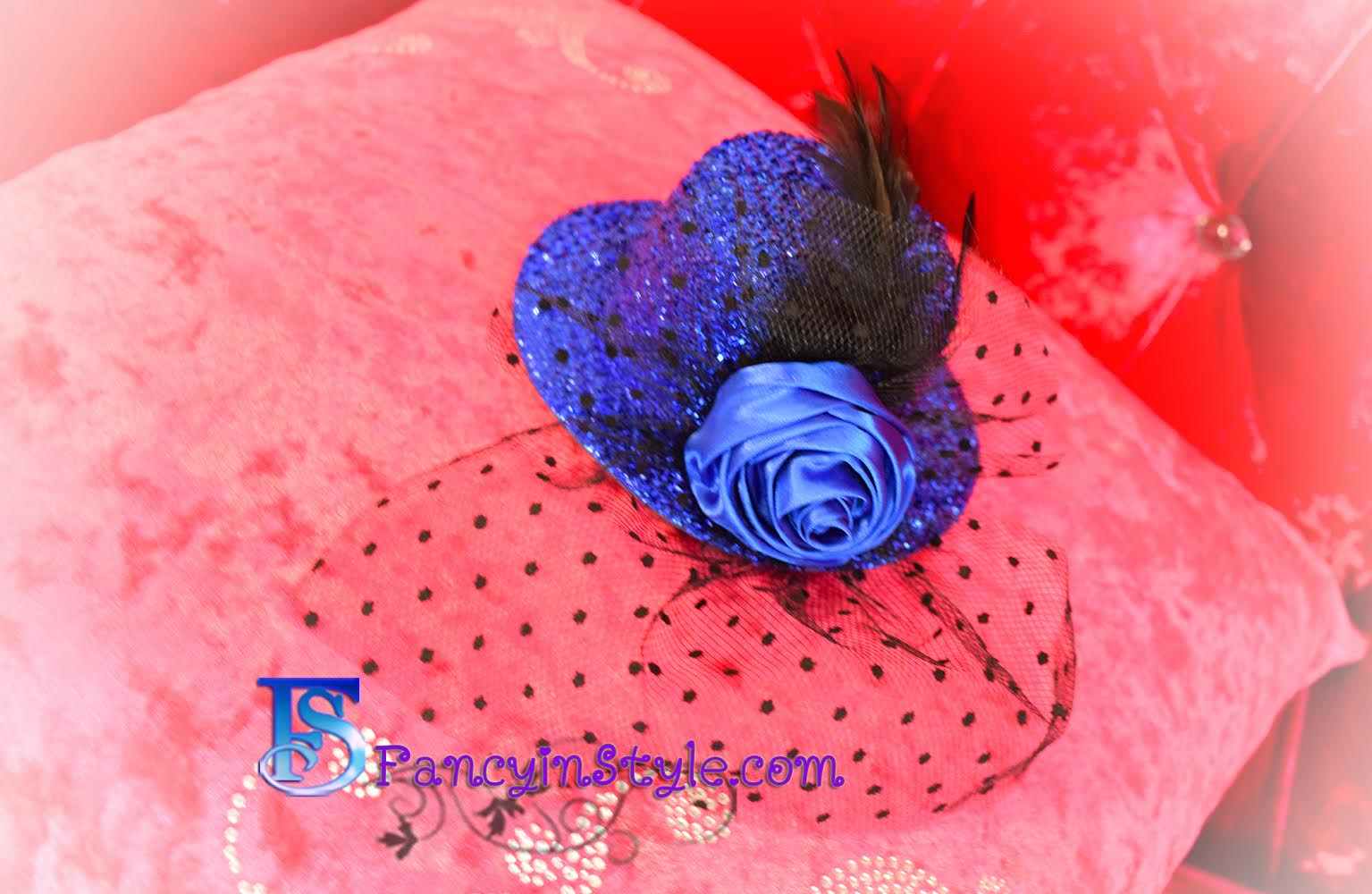 Headpiece กิ๊บรูปหมวกแต่งขนนกและดอกไม้สีน้ำเงิน