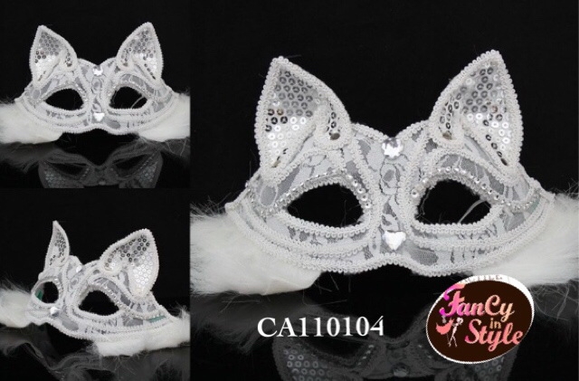 Fancy Mask/หน้ากากแฟนซีรูปแมวผ้าลูกไม้แต่งขนสีขาว