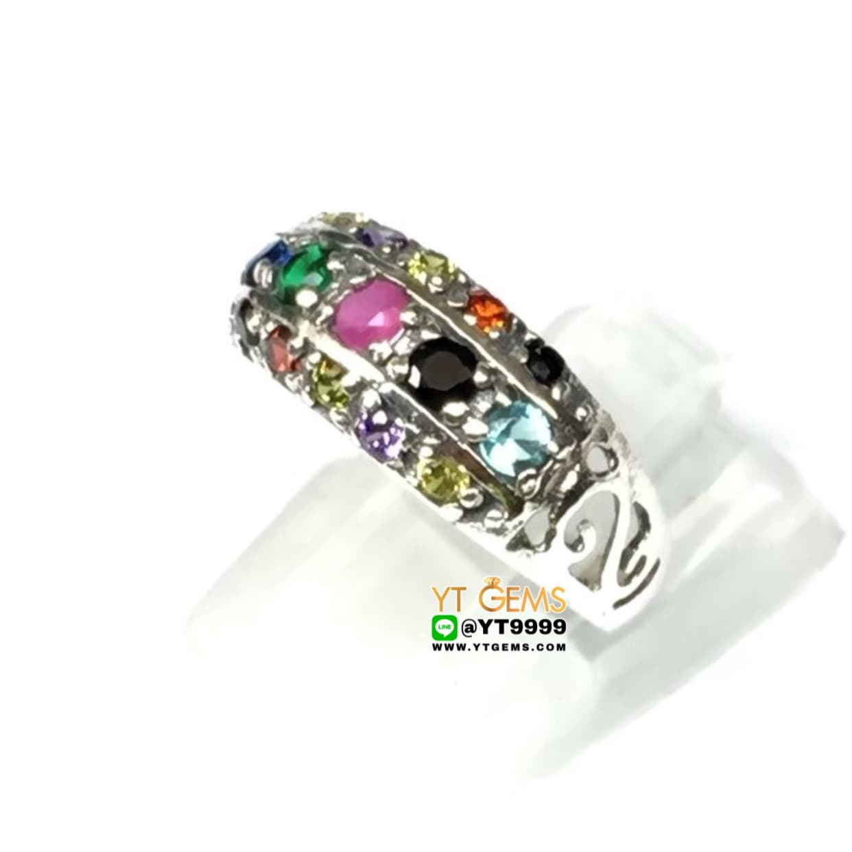 แหวนแถว นพเก้า พลอยหลากสี แหวนเงินแท้ รมดำ พลอยหลากสี (CZ) YTG-4421 YTGEMS
