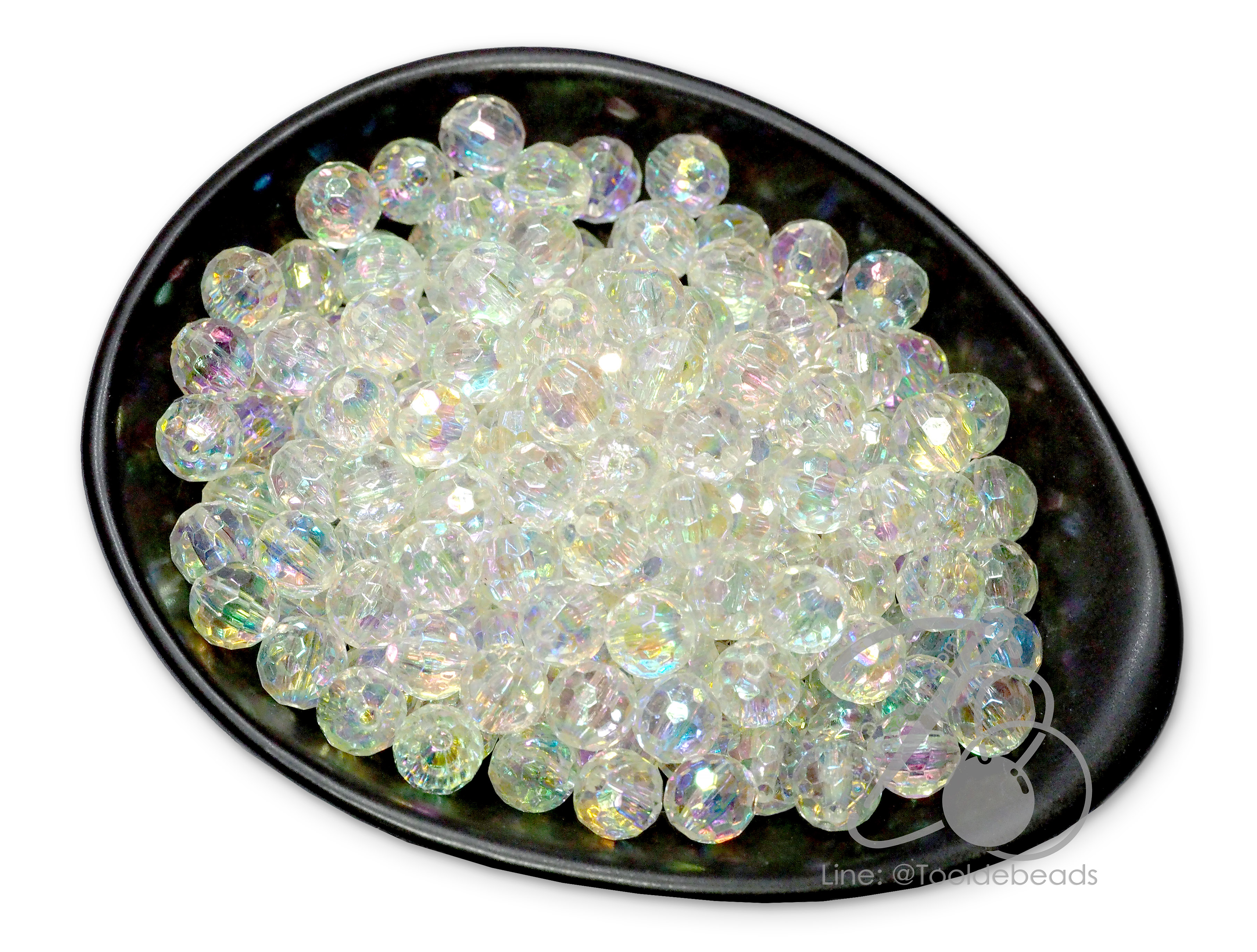 ลูกปัดพลาสติก เคลือบรุ้งAB 8มม. ลายคัตรุ้งเจียเหลี่ยม สีขาวใสรุ้ง (500 กรัม) SKU-15541