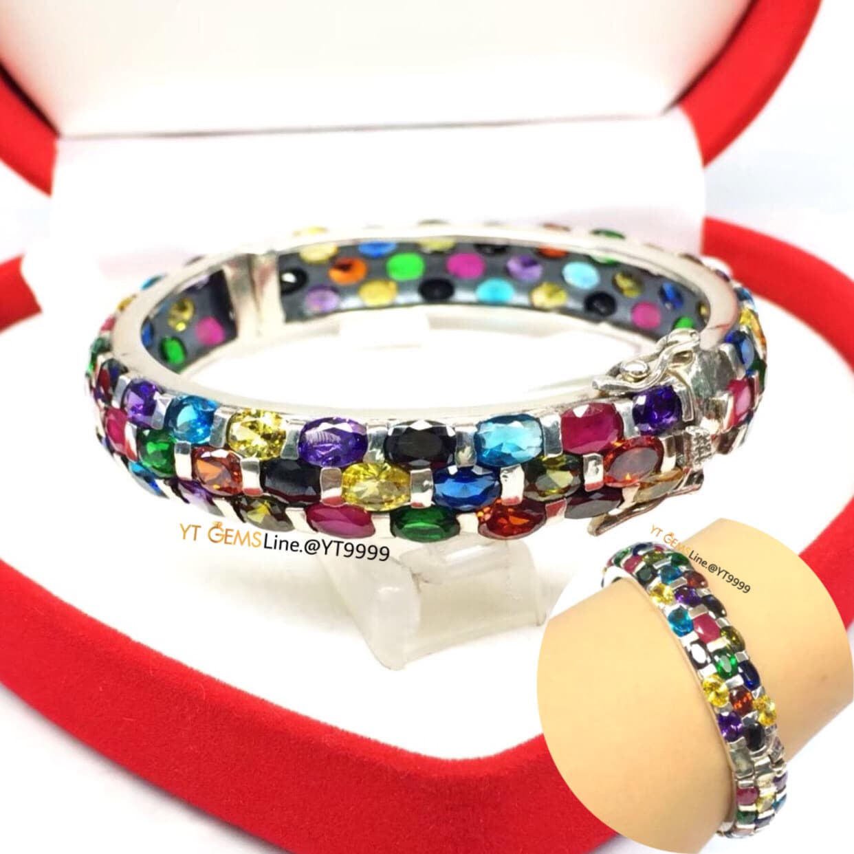กำไลนพเก้า กำไลเงินแท้ รมดำ พลอยหลากสี (CZ) YTG-10994 YTGEMS