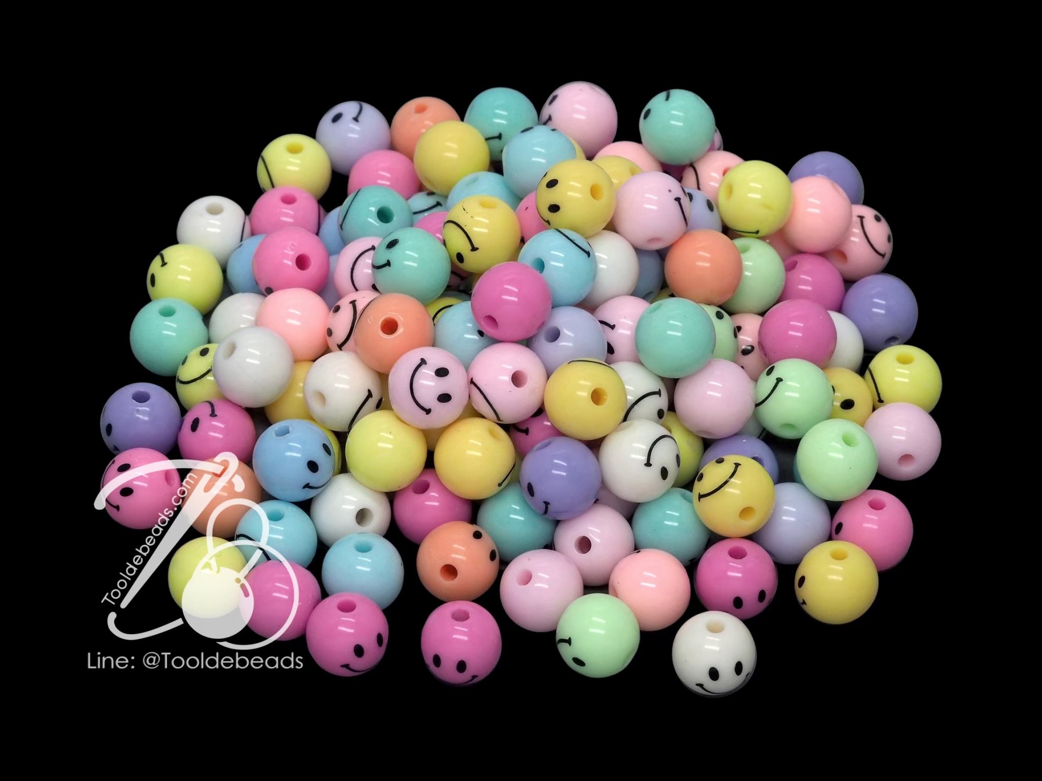 ลูกปัดอะคริลิค 10มม. ลายหน้ายิ้มกลม คละสีหวาน (50 กรัม) SKU-12733