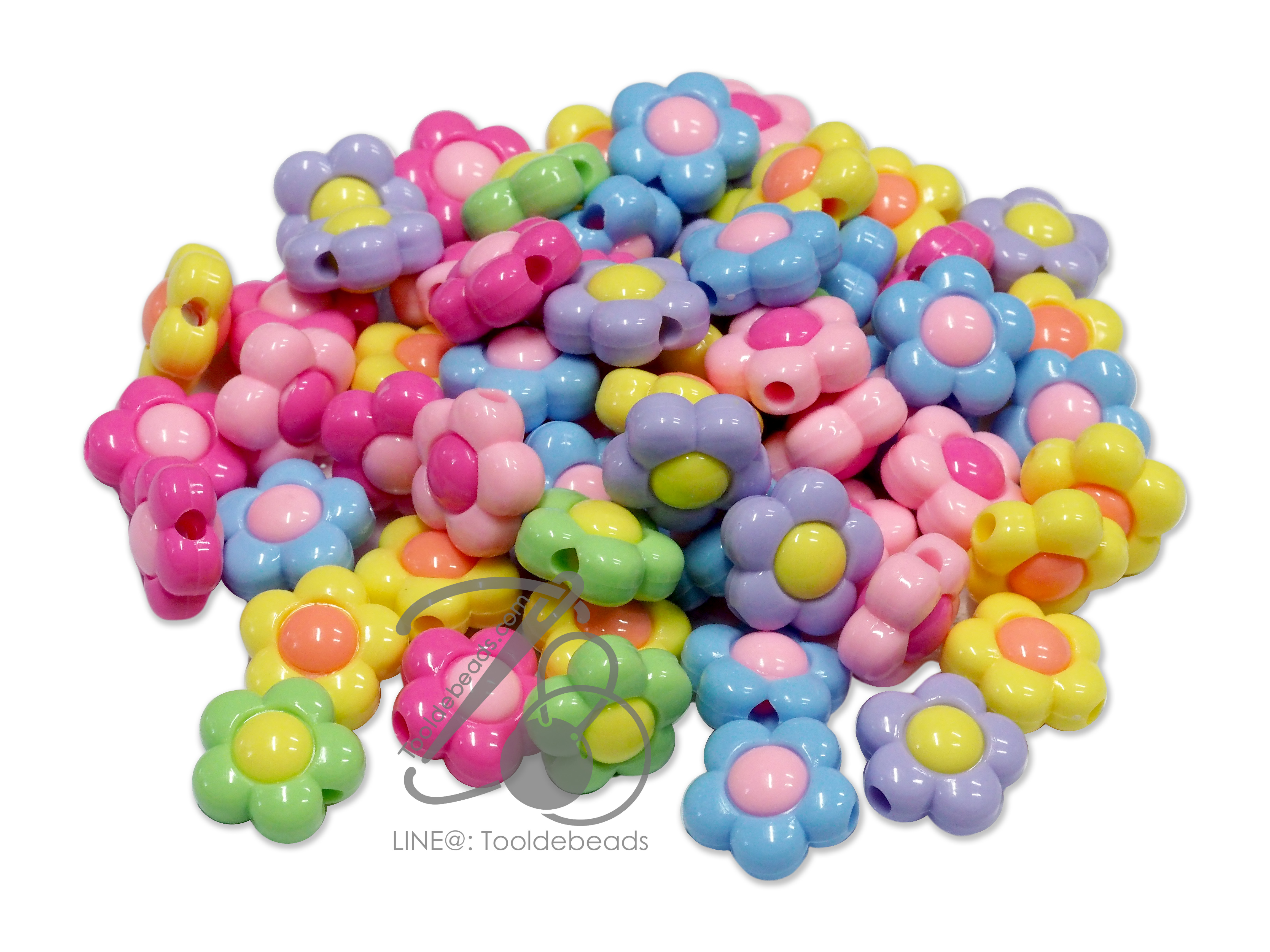 ลูกปัดอะคริลิค ทรงนูน 16มม. ลายดอกไม้ สีหวาน (10 กรัม) SKU-14146