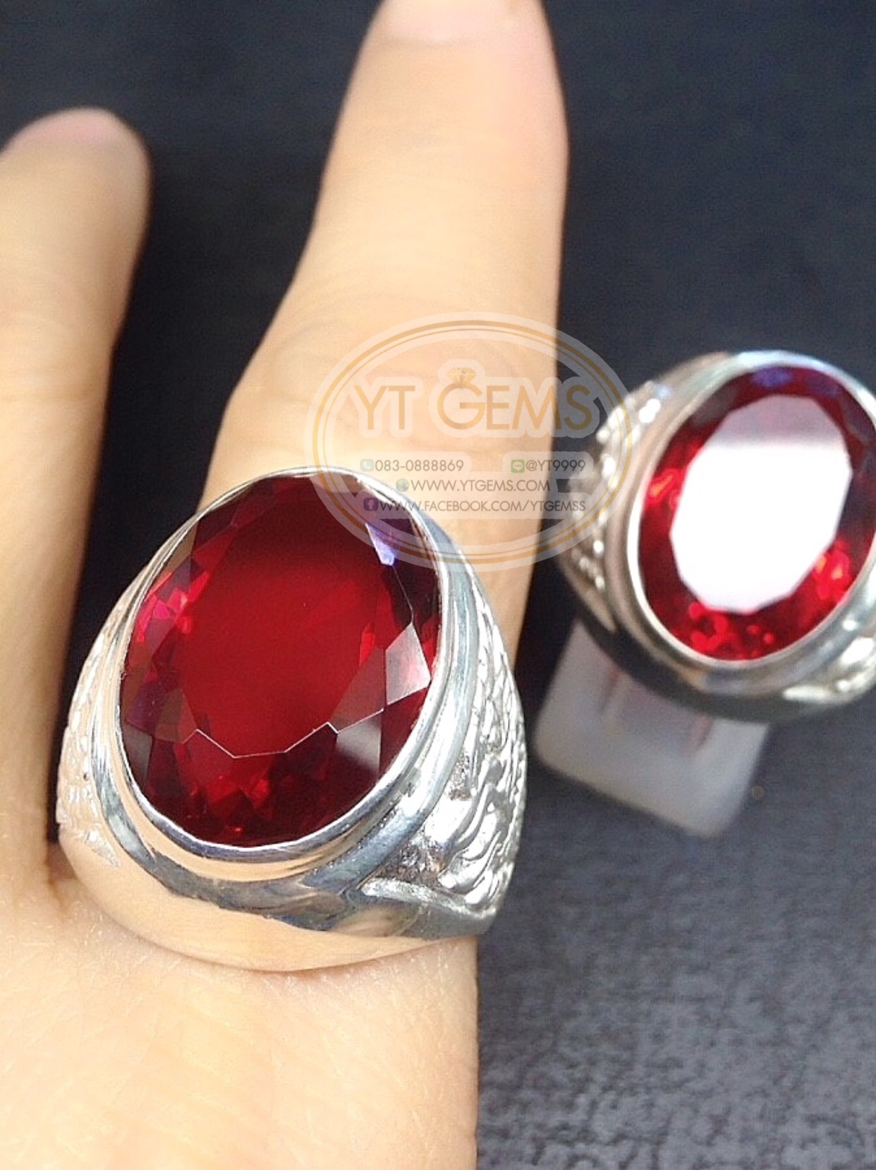 แหวนเงินแท้92.5% ข้างแกะลายพญาครุฑ พลอยโกเมน(cz) YTG-5668 YTGEMS