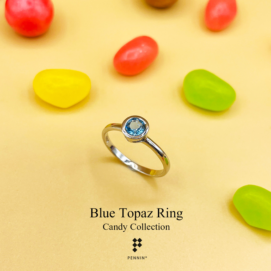 Candy Collection: แหวนบลูโทแพซ (Blue Topaz) เม็ดเดี่ยว 5mm ฝังหุ้ม เงินแท้ 925 ชุบทองคำขาว
