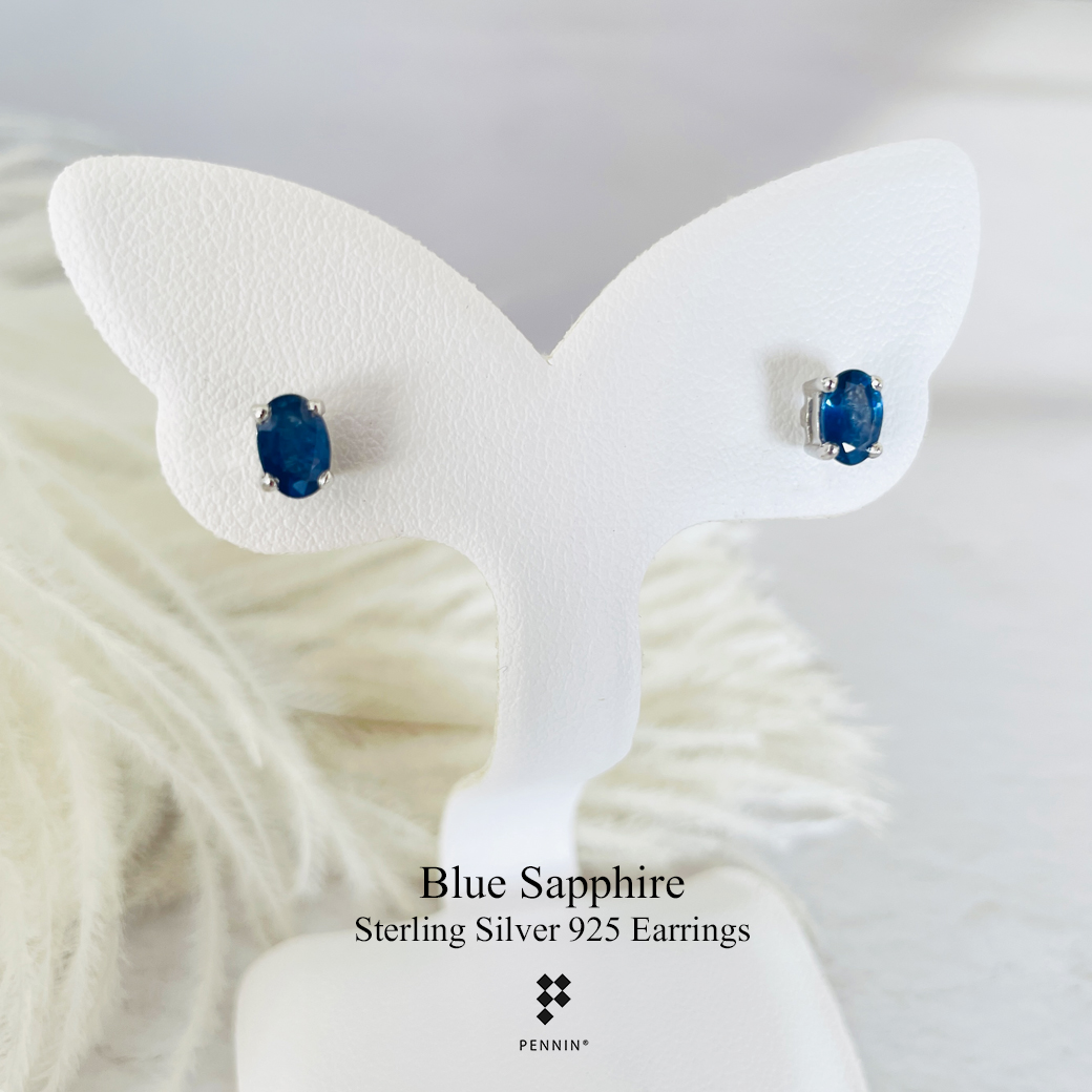 E18820 ต่างหูไพลิน กาญจนบุรี รูปไข่ 5x4mm ฝังหนามเตย เม็ดเดี่ยว แบบเสียบ เงินชุบทองคำขาว