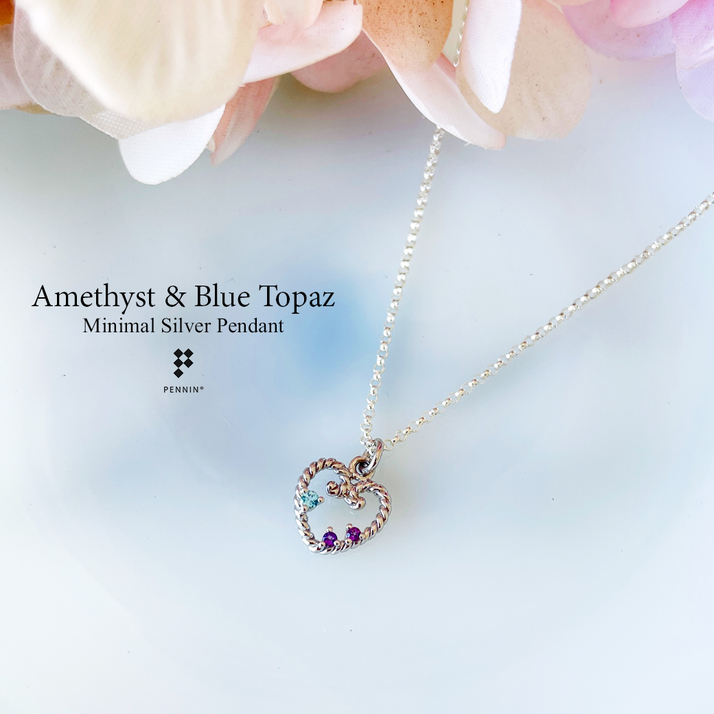 จี้พลอยบลูโทแพซ (Blue Topaz) อเมทิสต์ (Amethyst) รูปหัวใจ หวานน่ารัก มินิมอล พร้อมสร้อยเงิน 16 นิ้ว