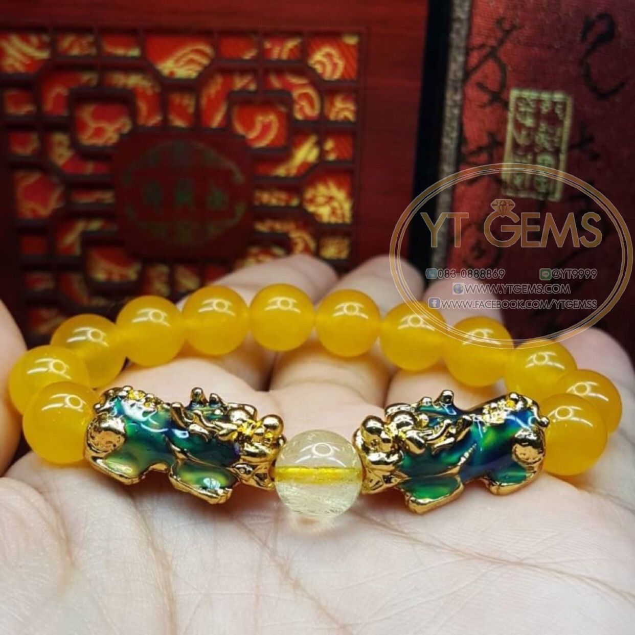 สร้อยข้อมือปี่เซียะ 5 ธาตุ หยกน้ำผึ้ง (หินแท้) + ไหมทองแท้ YTG-4262 YTGEMS