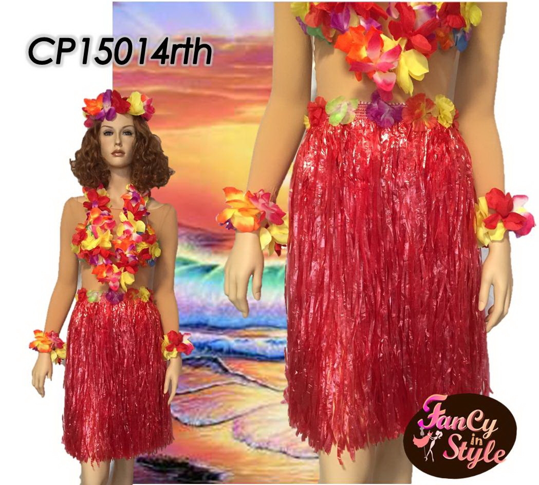 กระโปรงฮาวายอย่างหนา ความยาว 22.5 นิ้ว สีแดง รวม set มาลัยดอกไม้ 4 ชิ้น/Long Skirt Hawaii Costume with flower set