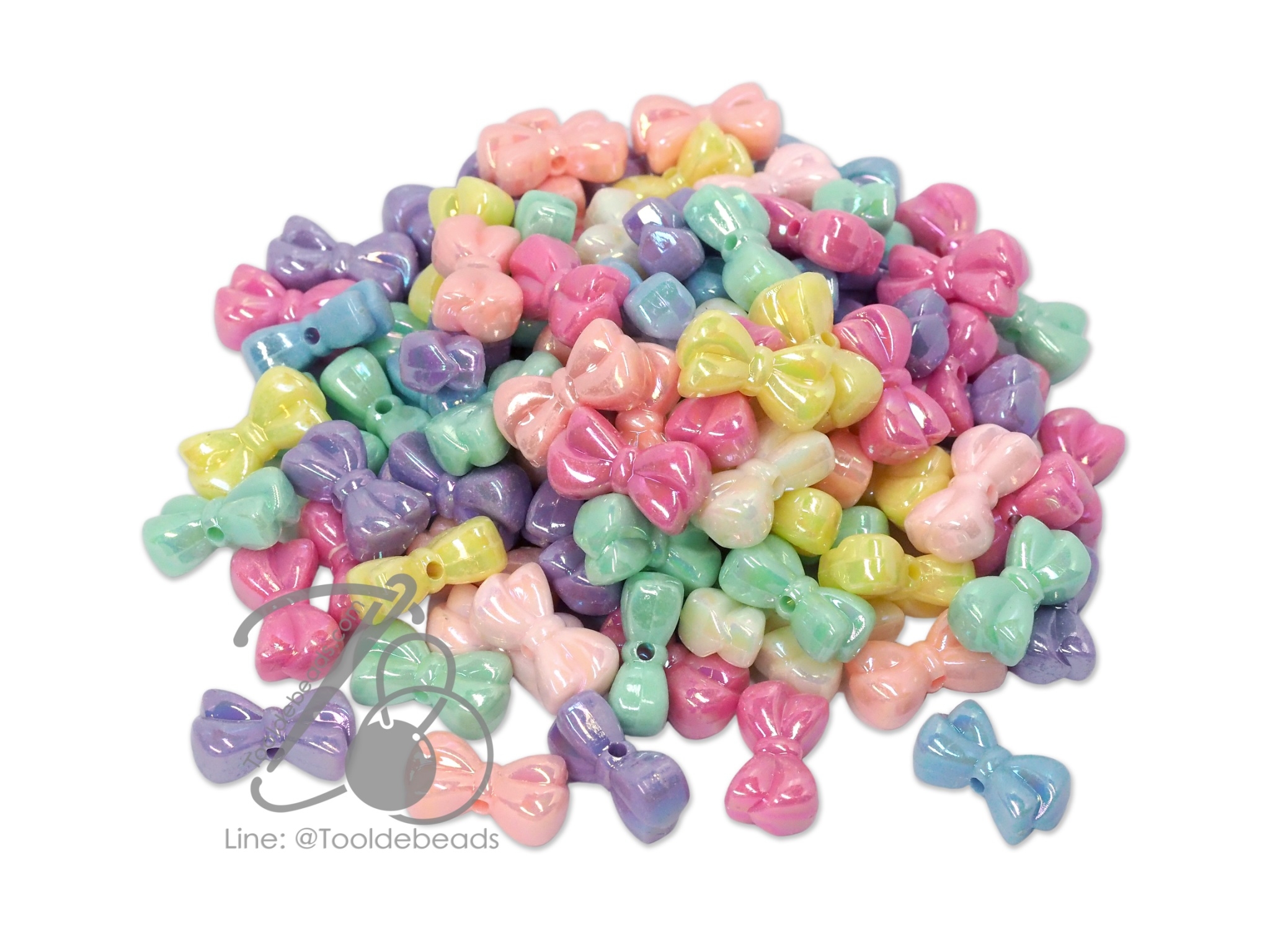 ลูกปัดพลาสติก เคลือบรุ้งพาสเทล 10*18มม. ลายโบว์ คละสี (500 กรัม) SKU-12250