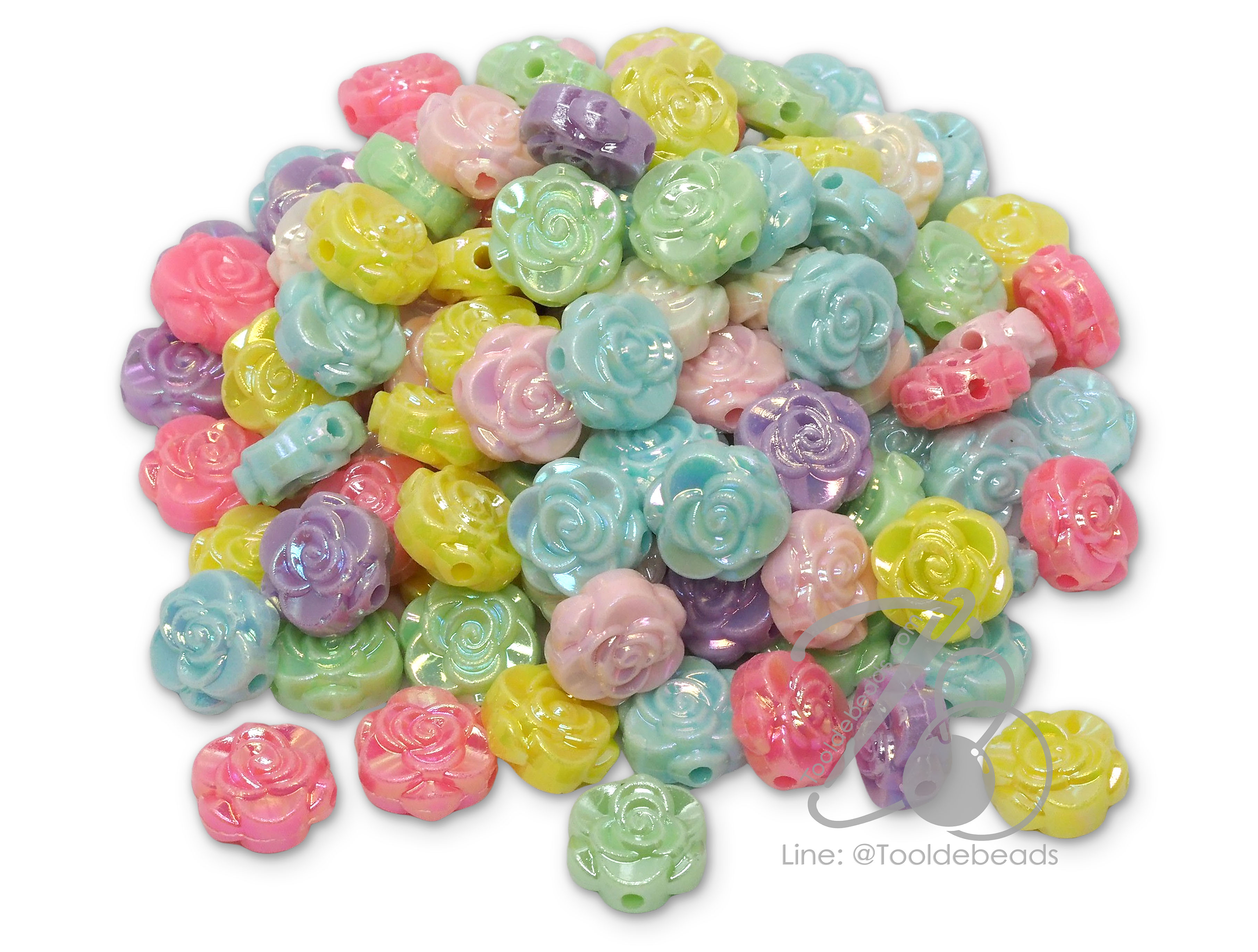 ลูกปัดพลาสติก เคลือบรุ้ง 20มม. ลายกุหลาบ คละสี (15 กรัม) SKU-15804