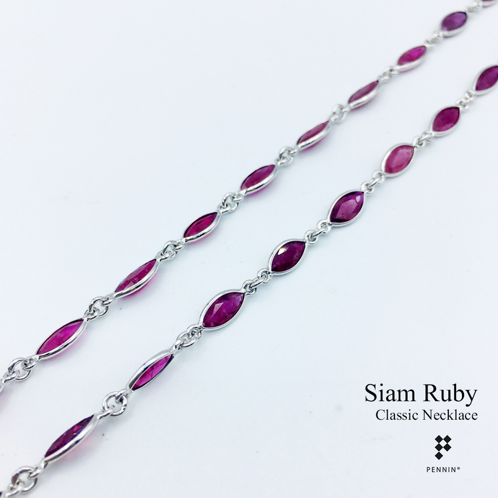 สร้อยคอทับทิมสยาม หรือ ทับทิมจันทบุรี ทรงมาคี 7x5mm หุ้มผ่าหวายเงินแท้ 92.5% ชุบทองขาว ยาว 24" สวย คลาสสิก