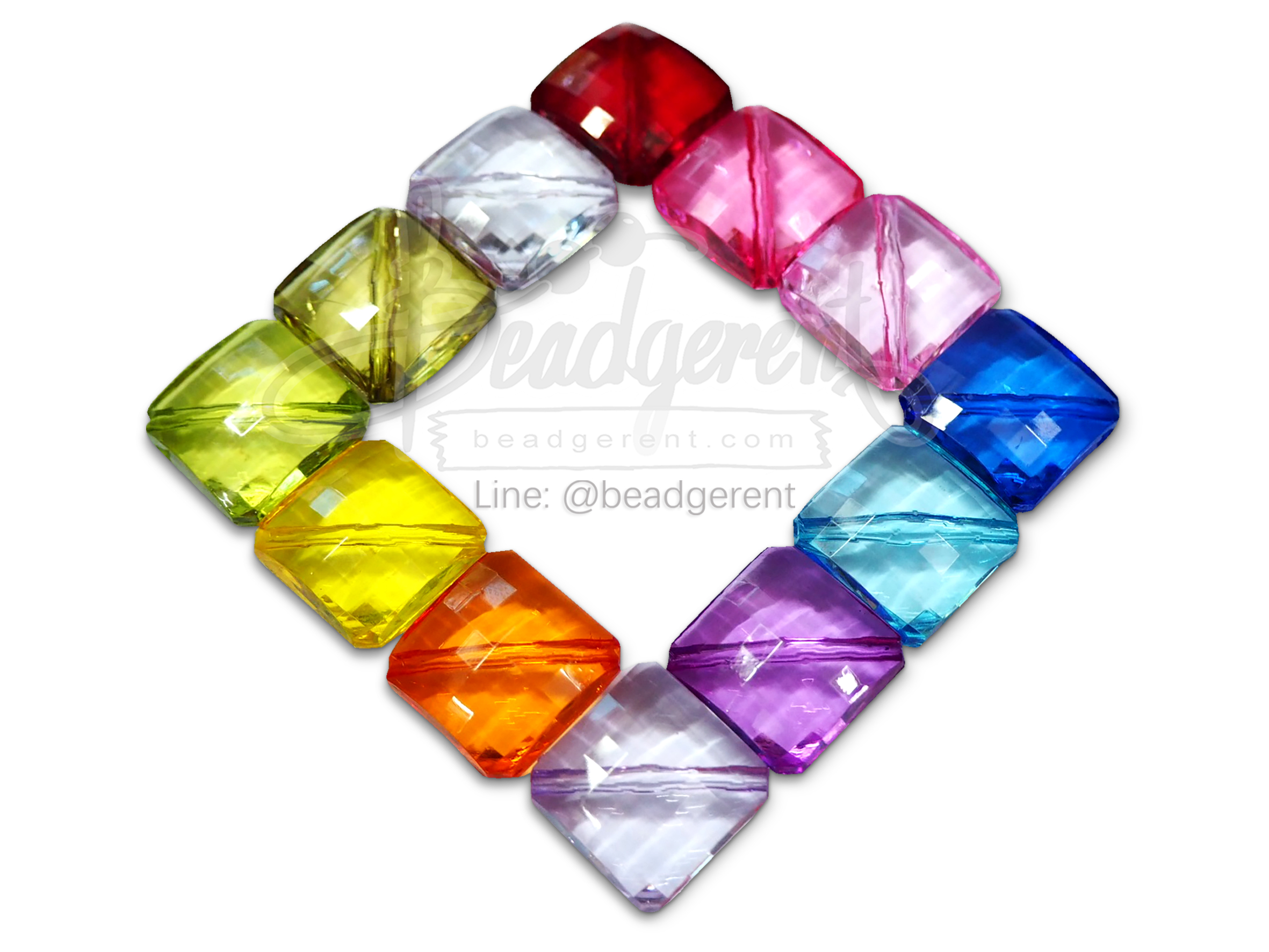 ลูกปัดอะคริลิค 19มม. สี่เหลี่ยมแทยงมุม คละสีใส (500 กรัม) SKU-04652