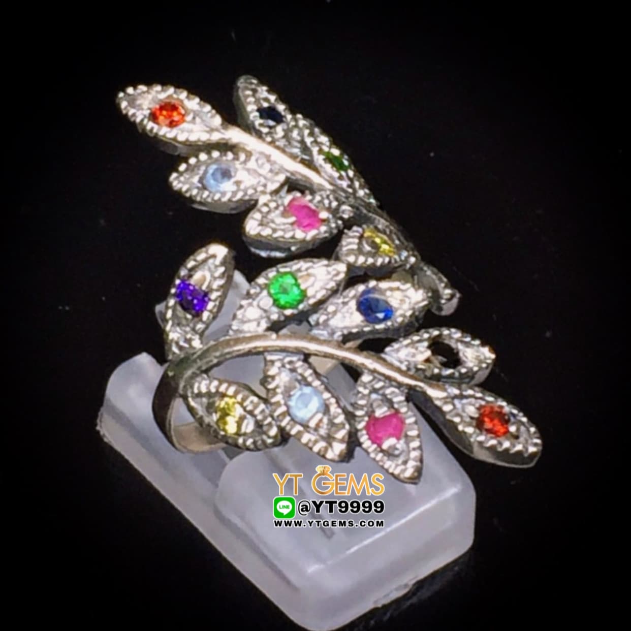 แหวนใบมะกอก นพเก้า พลอยหลากสี แหวนเงินแท้ รมดำ พลอยหลากสี (CZ) YTG-4452 YTGEMS