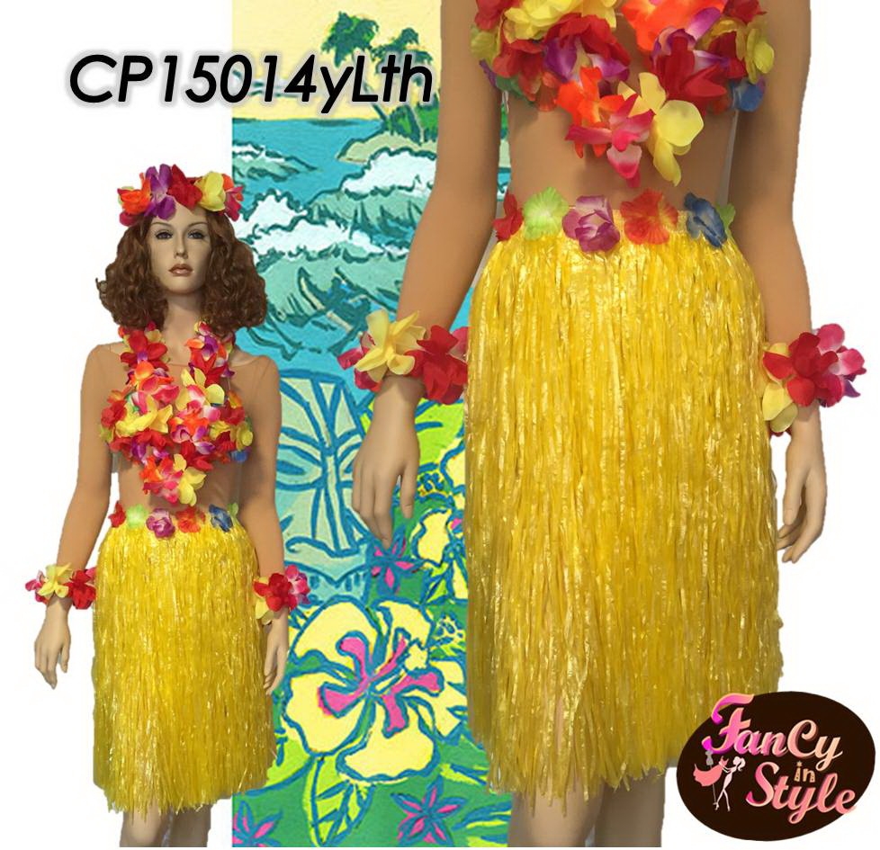 กระโปรงฮาวายอย่างหนา ความยาว 22.5 นิ้ว สีเหลือง รวม set มาลัยดอกไม้ 4 ชิ้น/Long Skirt Hawaii Costume with flower set