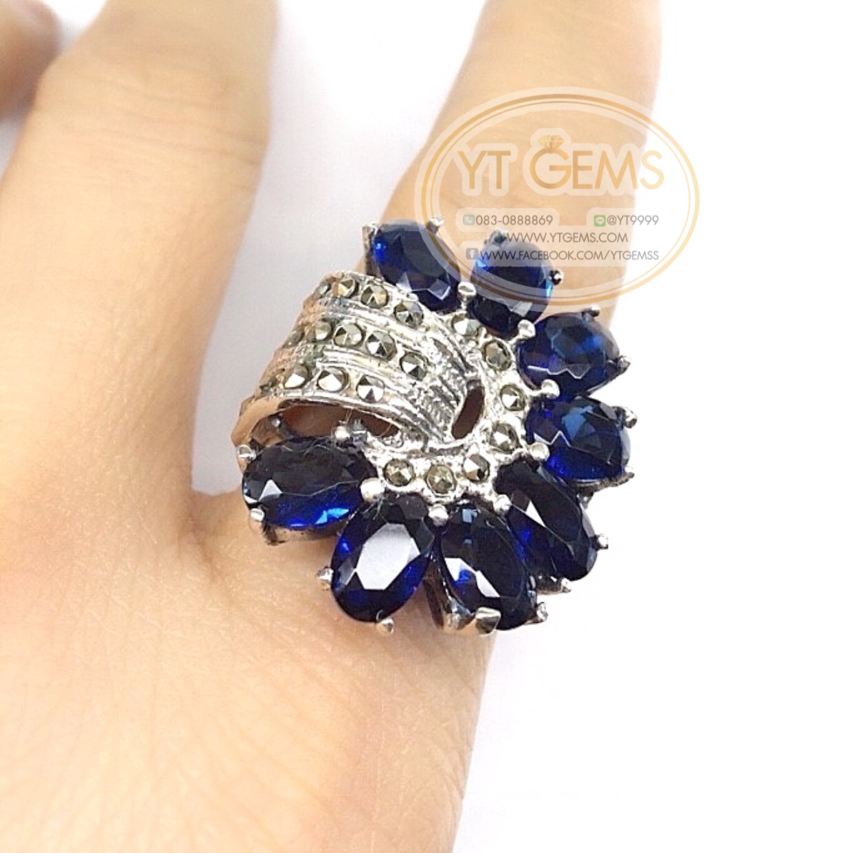 แหวนเงินแท้92.5% รมดำ พลอยไพลิน(cz) ตกแต่งแมกกาไซต์ YTG-5607 YTGEMS