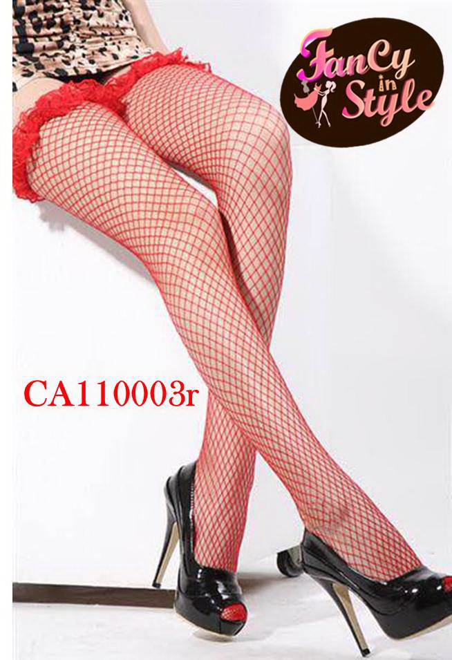 Stockings ถุงน่องตาข่ายขอบลูกไม้ระบายสีแดง