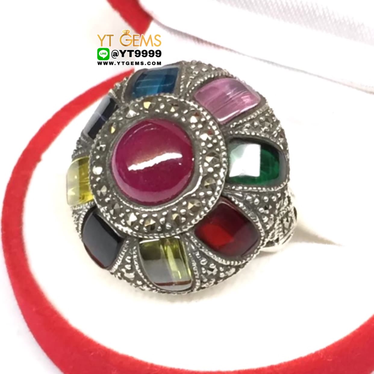 แหวนนพเก้า พลอยหลากสี แหวนเงินแท้ รมดำ พลอยหลากสี (CZ) YTG-4484 YTGEMS