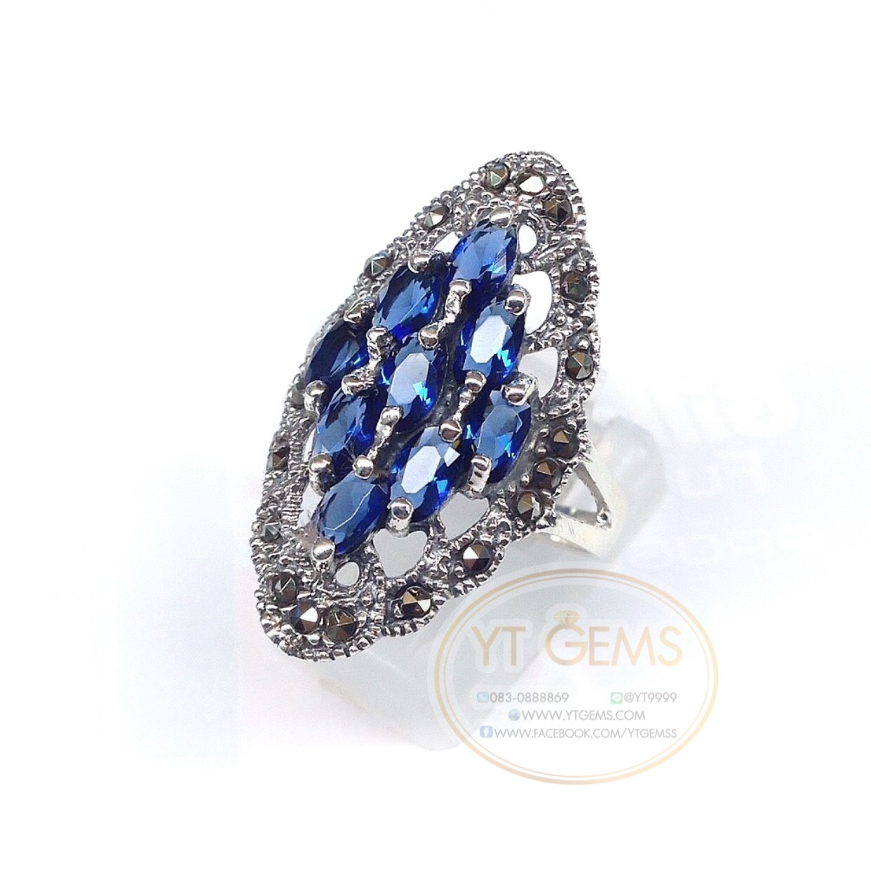 แหวนเงินแท้92.5% รมดำ พลอยไพลิน(cz) ตกแต่งแมกกาไซต์ YTG-5581 YTGEMS