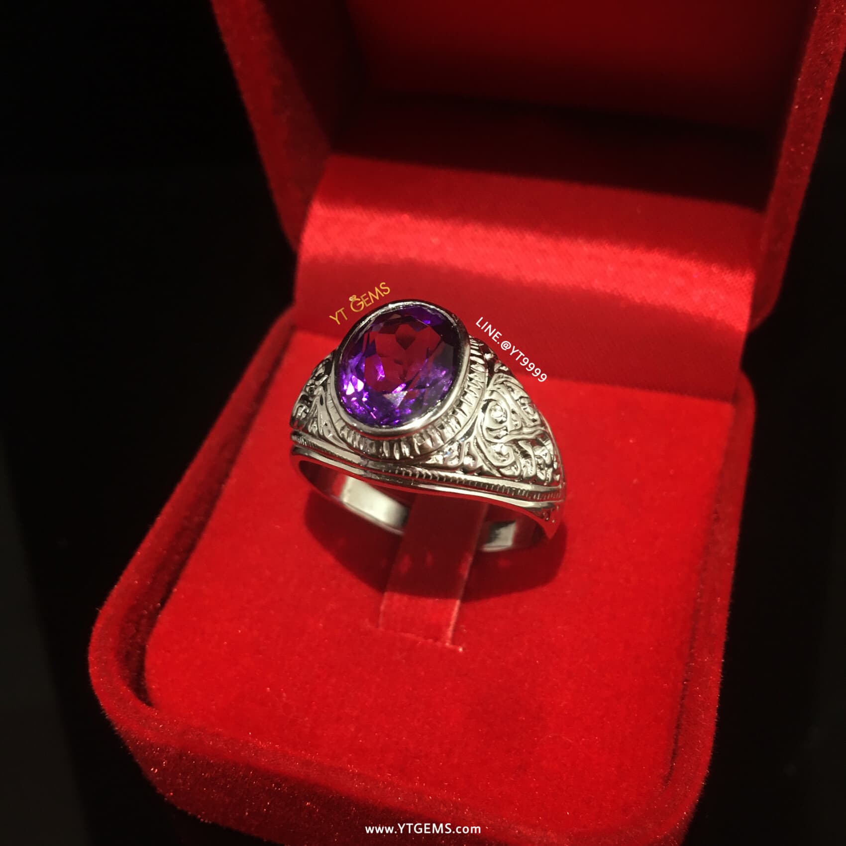 แหวนอเมทิสต์ แหวนเงินแท้ ลายไทย ชุบทองคำขาว พลอยอเมทิสต์แท้ YTG-11346 YTGEMS