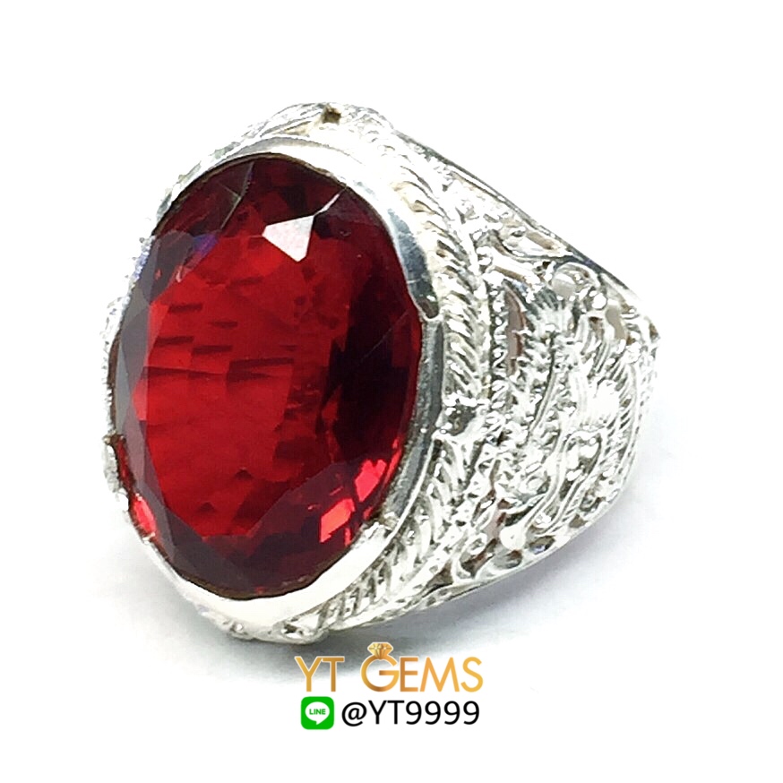 แหวนโกเมน แหวนเงินแท้92.5% ข้างฉลุลายพญาครุฑ ประดับพลอยโกเมน(cz) YTG-7759 YTGEMS