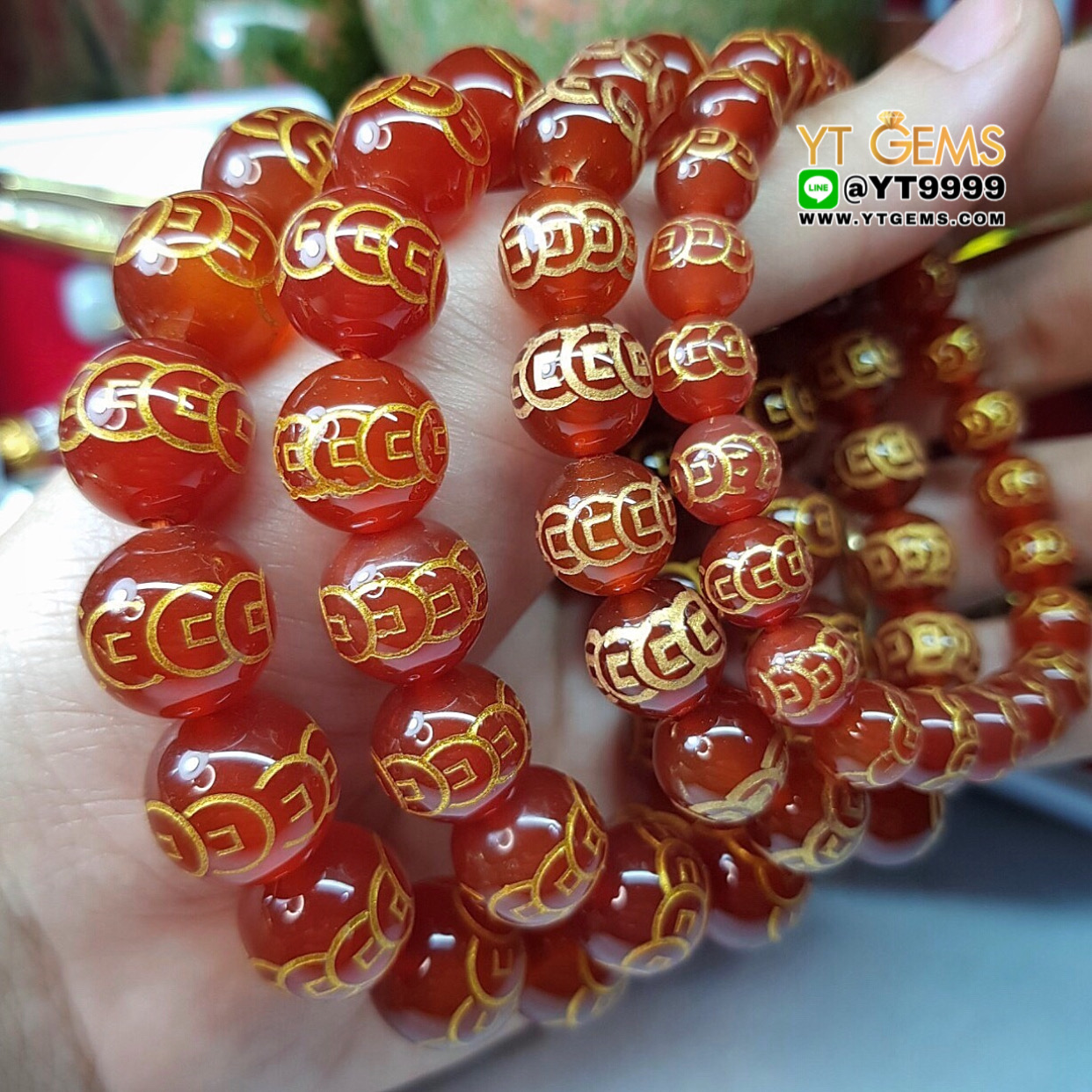 สร้อยข้อมือคาร์เนเลี่ยน เกรดA (สลัก9เหรียญ) หินคาร์เนเลี่ยนแท้ ขนาดหิน 10 mm YTG-8994 YTGEMS