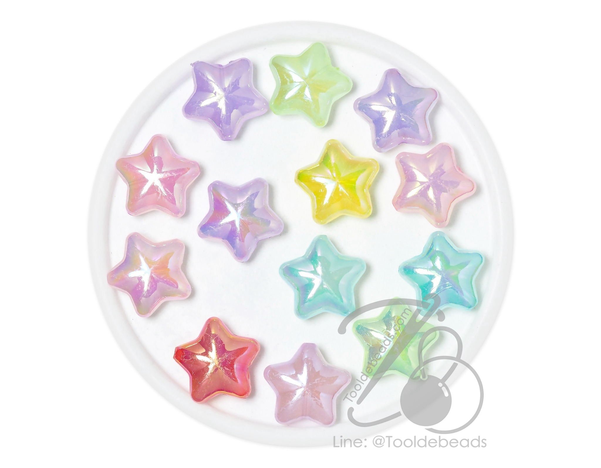 ลูกปัดพลาสติก เคลือบรุ้ง 20มม. ลายดาว คละสีเยลลี่หวาน (80 กรัม) SKU-17492