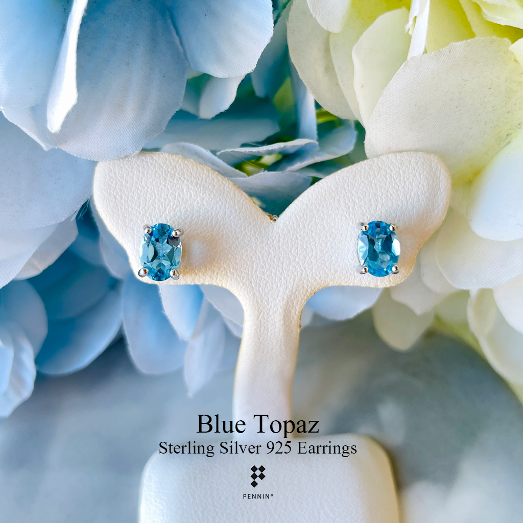 ต่างหูโทแพซสีฟ้า (Blue Topaz) 7x5mm สีฟ้าสดใส 1.85ct แบบเม็ดเดี่ยว ฝังหนามเตย ใส่ติดหู ได้ทุกโอกาส