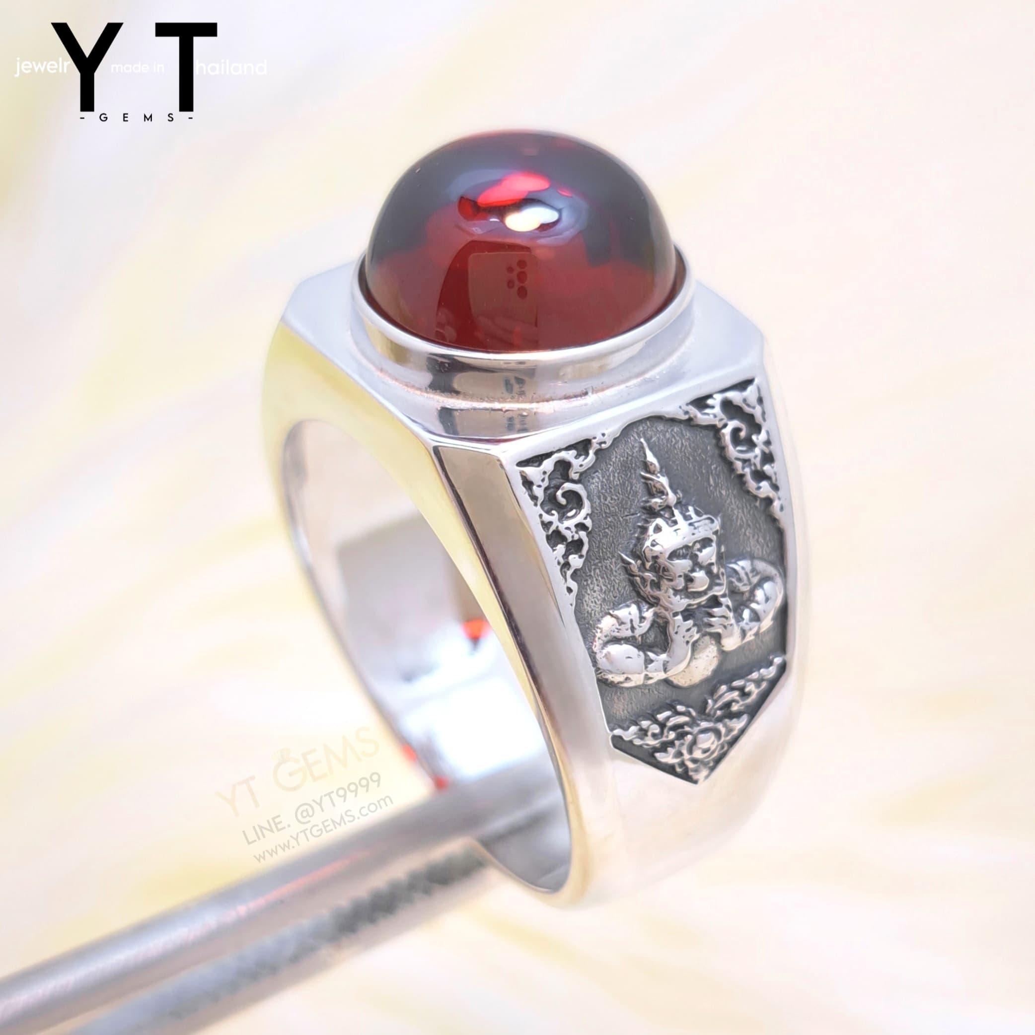 แหวน ราหู เงินแท้ รมดำ มณีสีแดง โกเมน CZ YTG-11723 YTGEMS whole