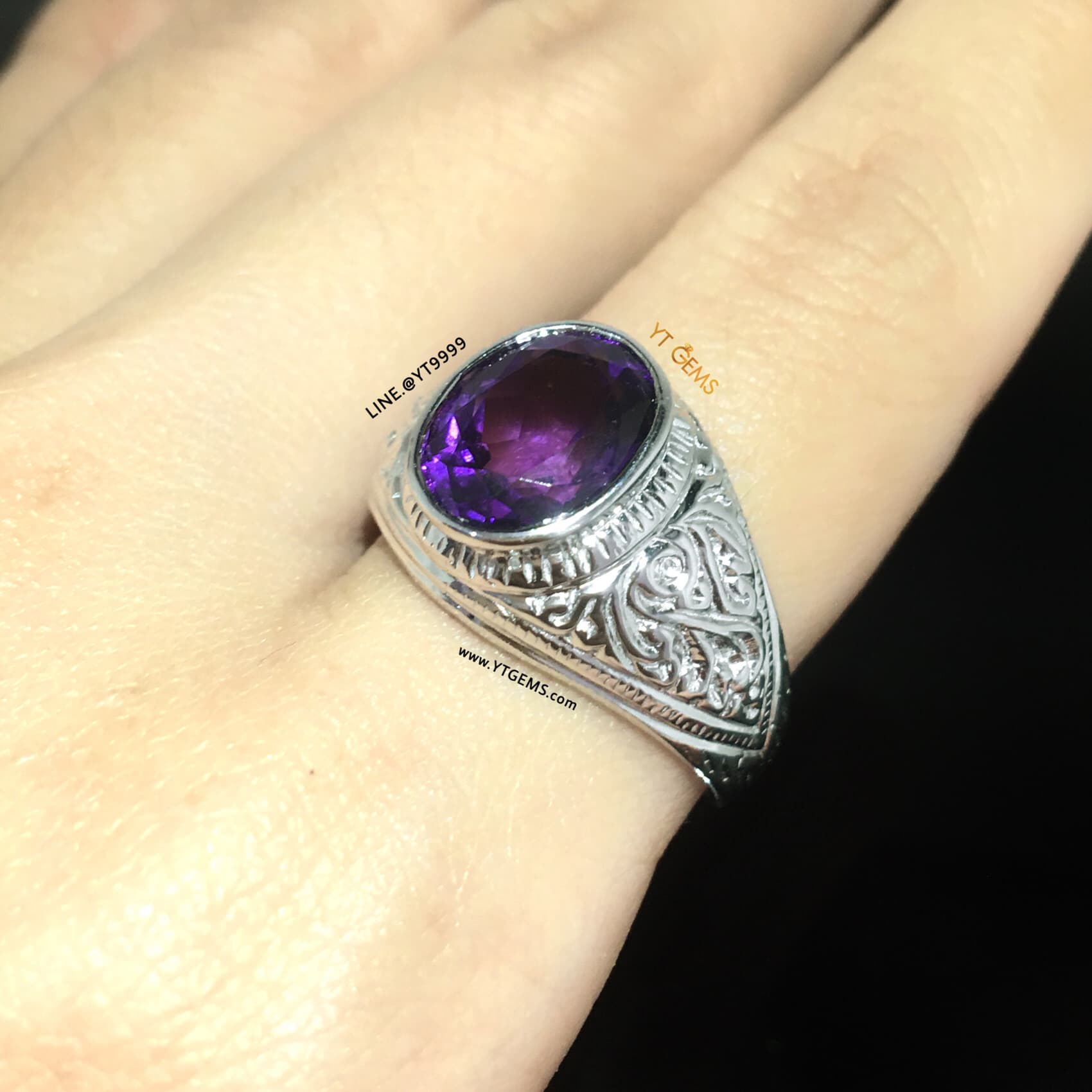 แหวนอเมทิสต์ แหวนเงินแท้ ลายไทย ชุบทองคำขาว พลอยอเมทิสต์แท้ YTG-11346 YTGEMS