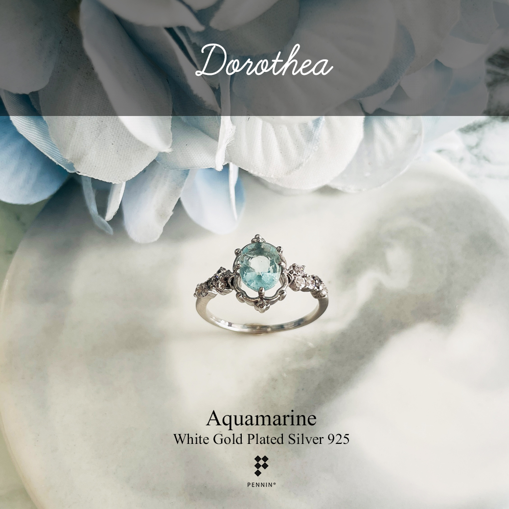 DOROTHEA: แหวนอควอมารีน (Aquamarine) 8x6mm แซมเพชร CZ ดีไซน์แนววินเทจ เงินแท้ชุบทองคำขาว