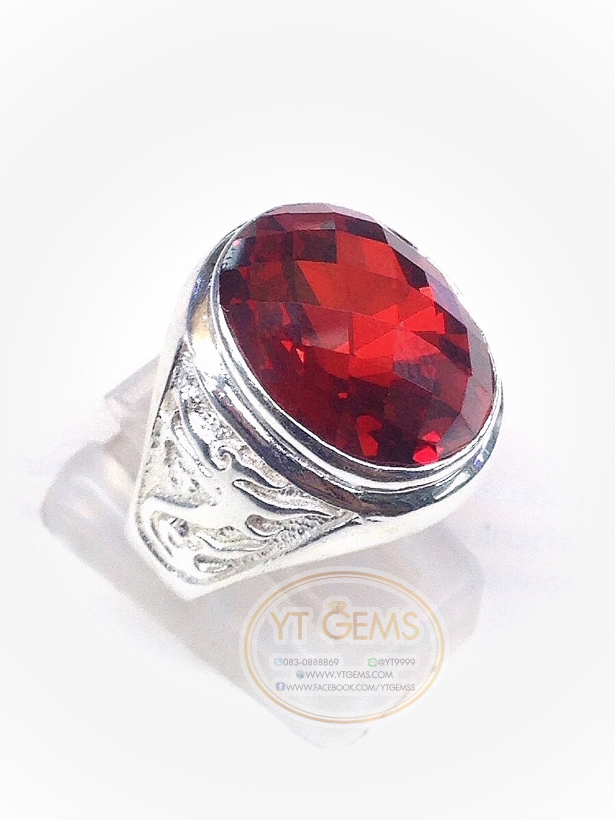 แหวนเงินแท้92.5% ข้างแกะลายมังกร พลอยโกเมน(cz) YTG-5687 YTGEMS