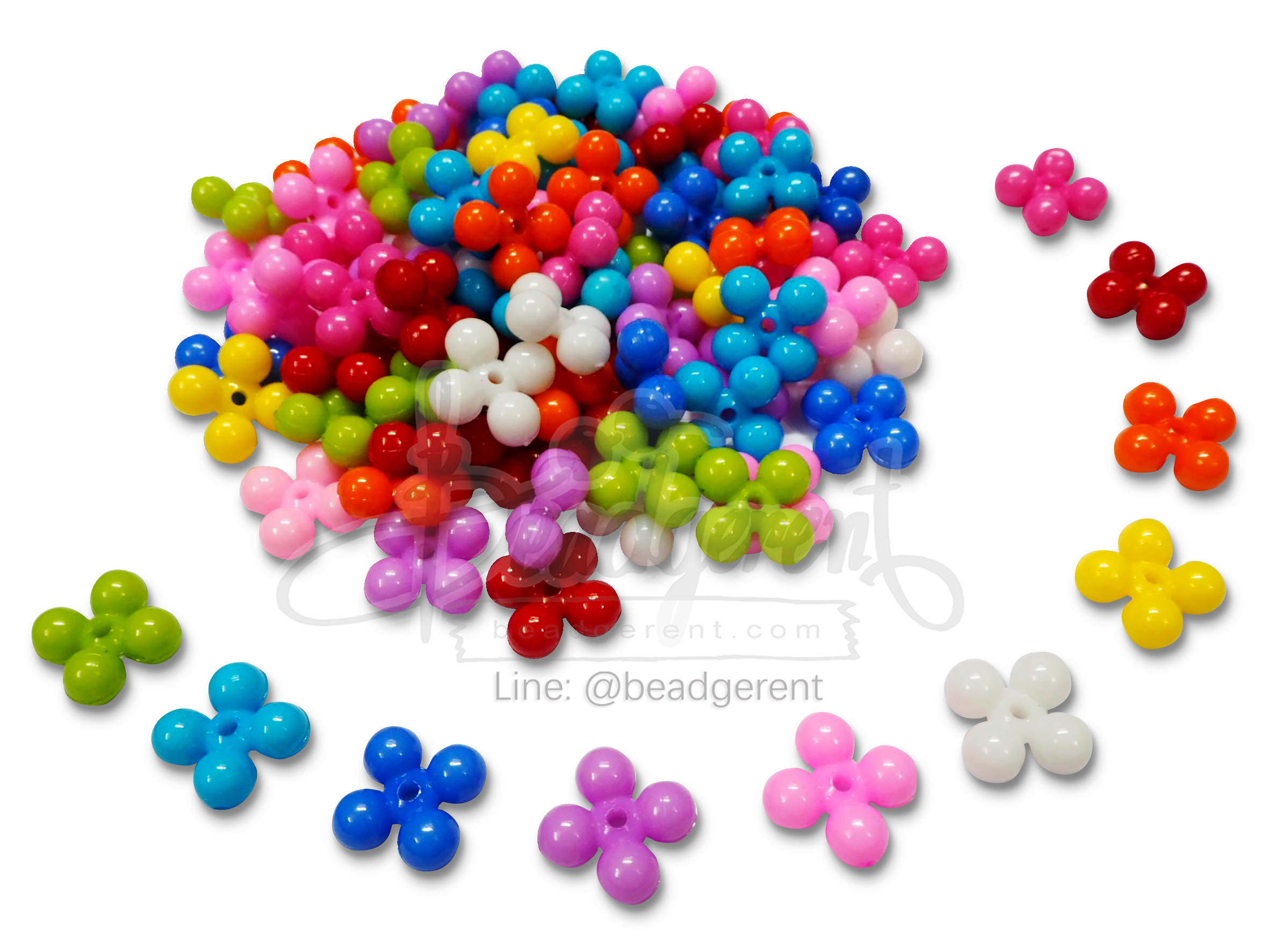 ลูกปัดอะคริลิค 13มม. ลายดอกไม้4แฉก สีสด (500 กรัม) SKU-05267