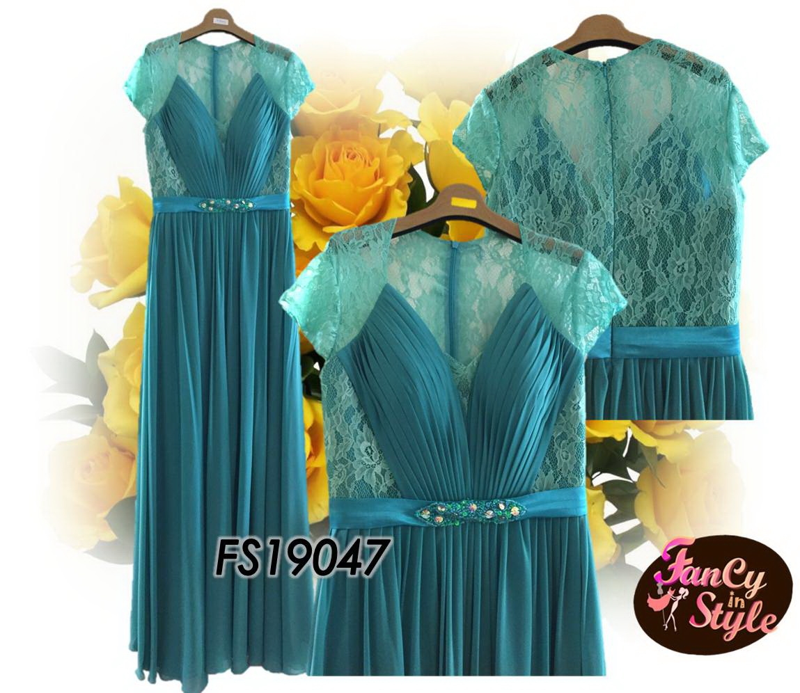 Long Dress/ชุดราตรียาวสีเขียว แขนล้ำคอวี/ชุดเดรสยาว/ชุดออกงาน/ชุดไปงานแต่ง