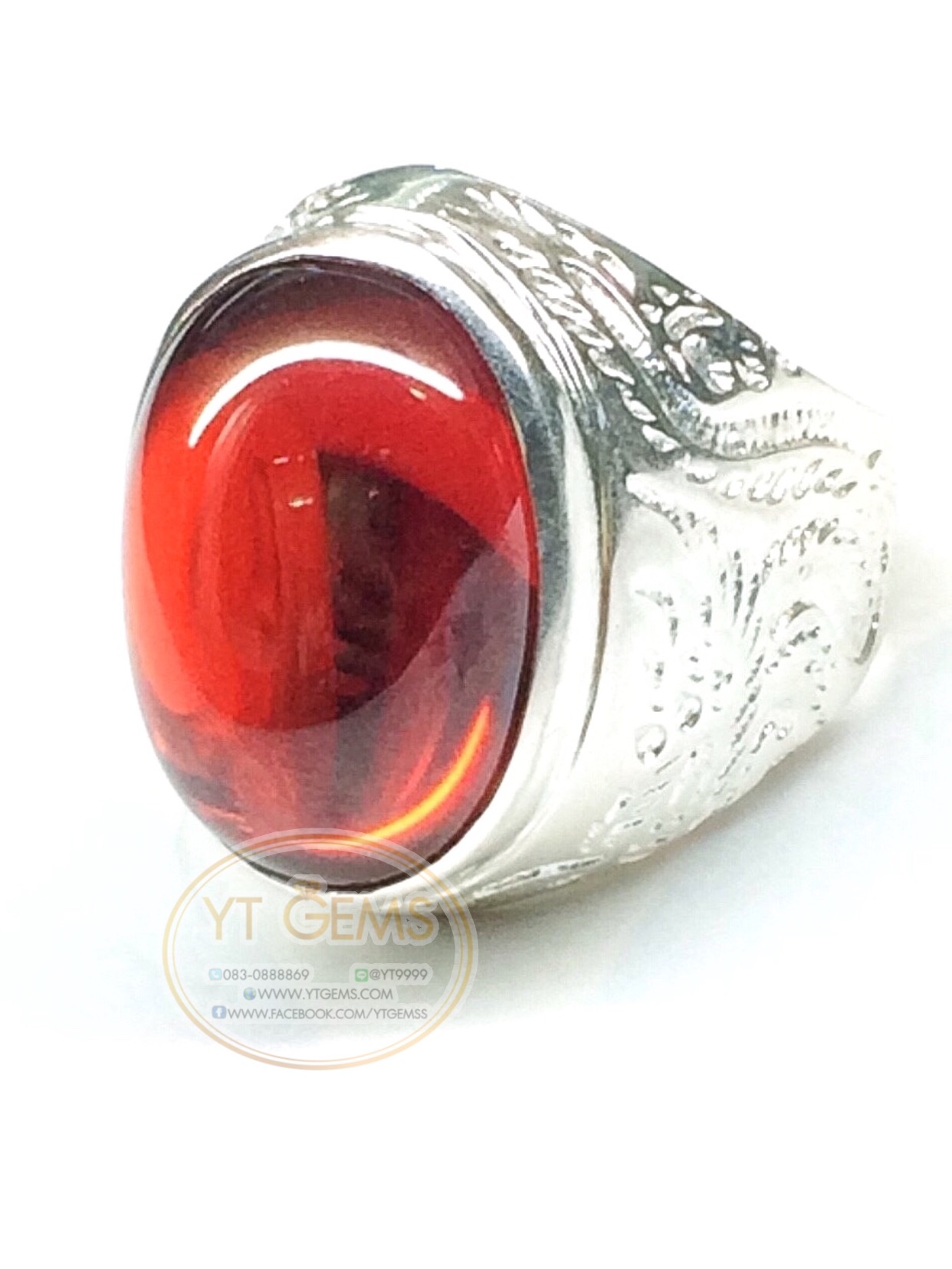 แหวนเงินแท้92.5% ข้างแกะลายมังกร พลอยโกเมน(cz) YTG-5677 YTGEMS