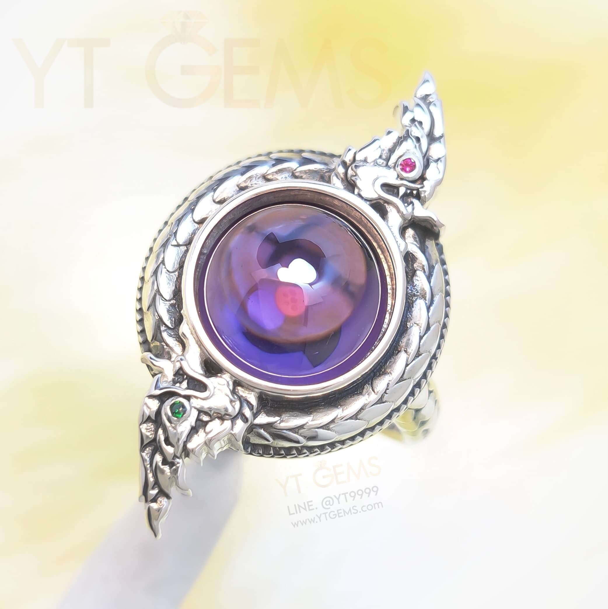 แหวน บ่วงนาคบาศ มณีสีม่วง CZ ตาทับทิม-มรกต แหวน เงินแท้ รมดำ YTG-9843 YTGEMS whole