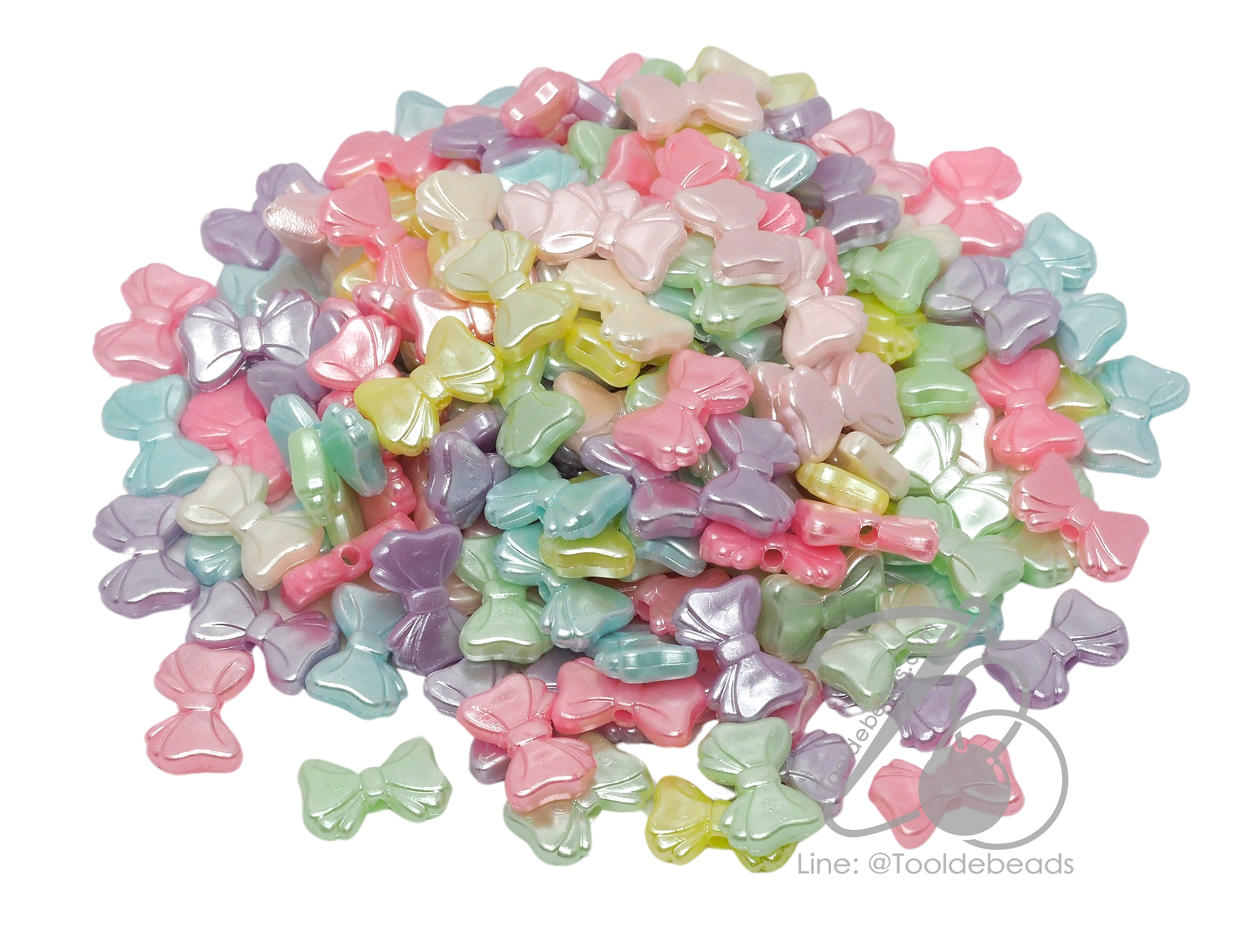 ลูกปัดพลาสติกเคลือบมุก 10*15มม. ลายโบว์ คละสี (100 กรัม) SKU-15310