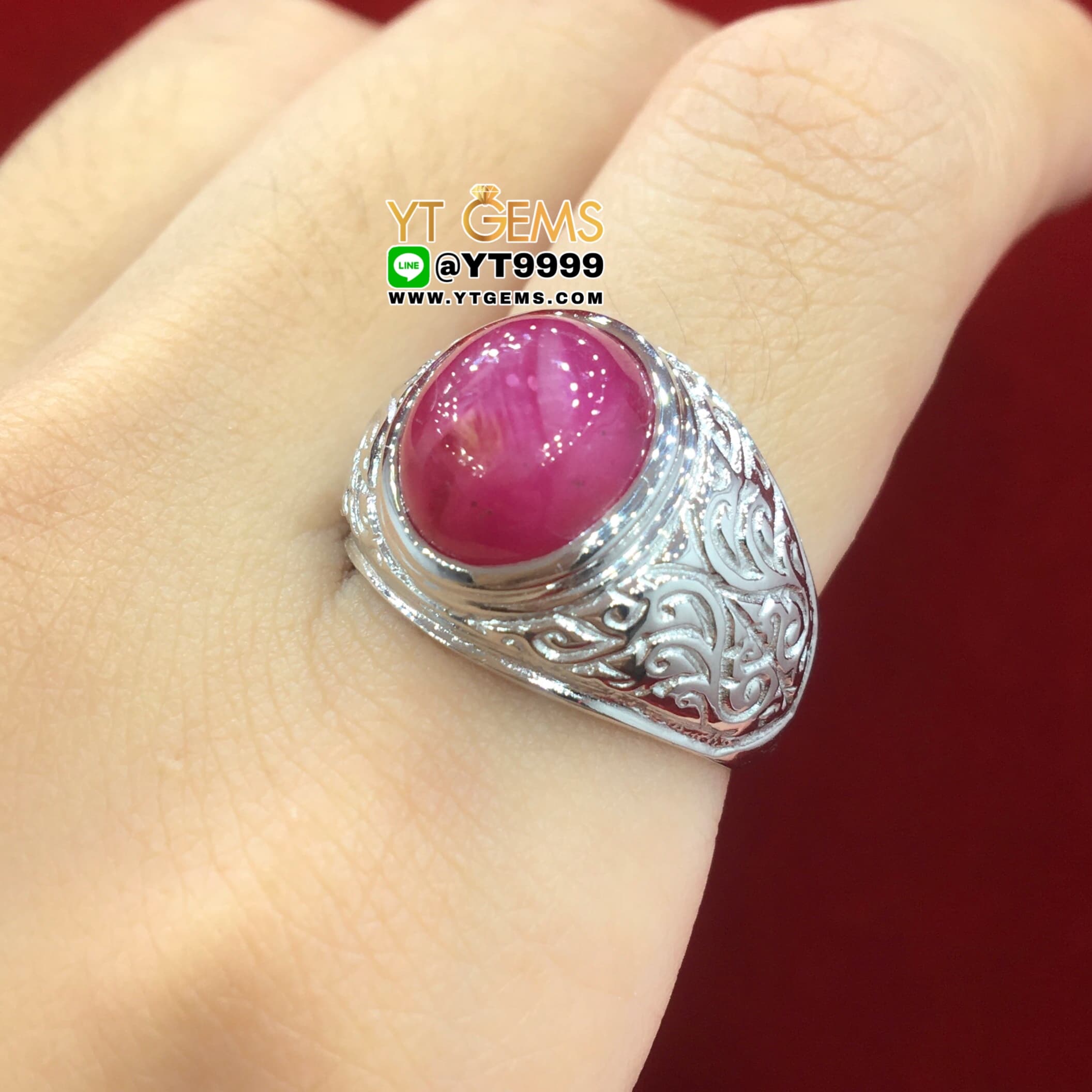 แหวนทับทิมกินบ่เซี่ยง ทับทิมสตาร์ แหวนเงินแท้ 92.5% ชุบทองคำขาว ประดับ พลอยทับทิมกินบ่เซี่ยงแท้ (มีสตาร์ชัด) หน้าแหวน 1.55 ซม. YTG-10511 YTGEMS