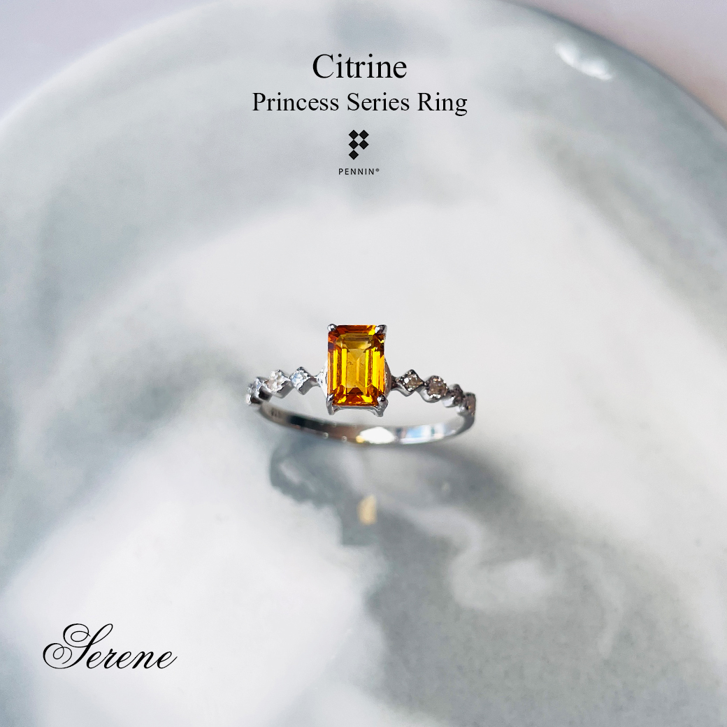 SERENE: แหวนซิทรินสี่เหลี่ยม ดีไซน์แนววินเทจเจ้าหญิง เงินชุบทองคำขาว เสริมเสน่ห์โชคลาภ