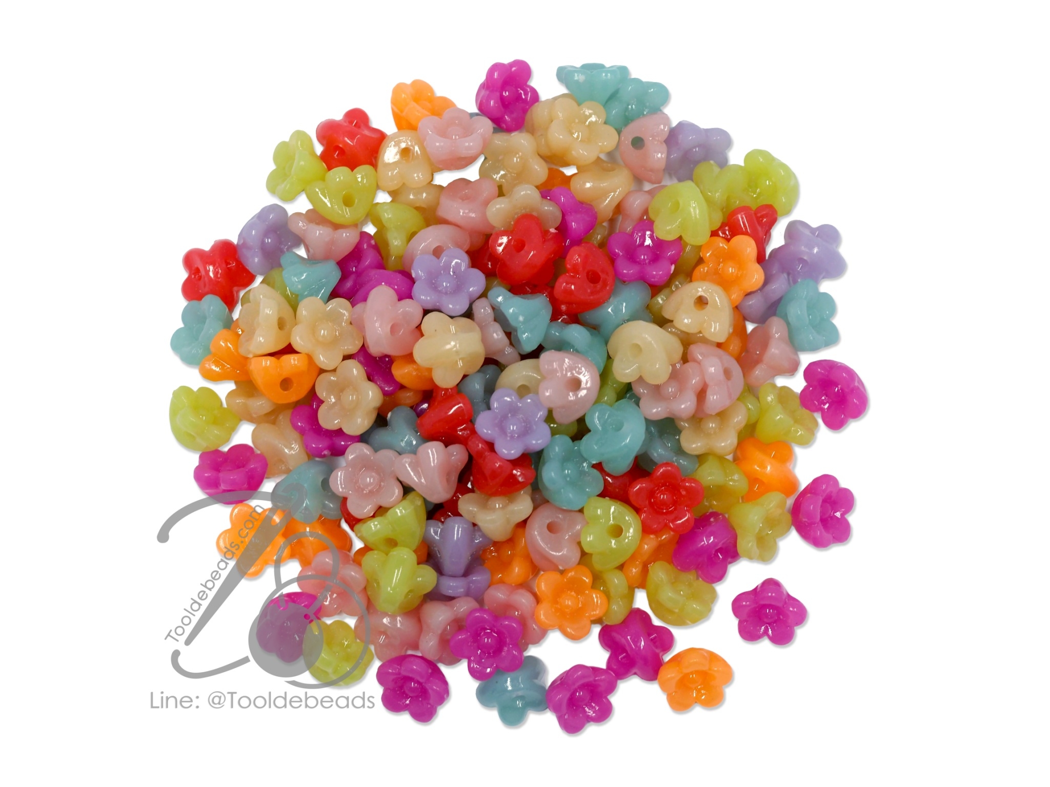 ลูกปัดอะคริลิค 10มม. ลายดอกไม้ ร้อยข้าง คละสีขุ่นหวาน (15 กรัม) SKU-09588