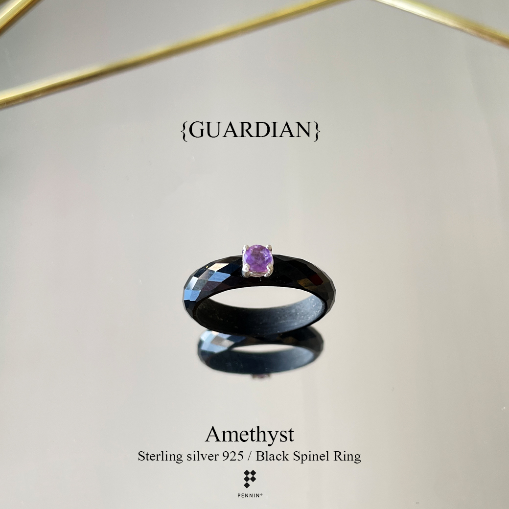{GUARDIAN} แหวนนิลล้วนเจียตาข่าย ประดับพลอยอเมทิสต์ 4mm หุ้มเงินชุบทองคำขาว ปกป้องคุ้มครอง นำโชค