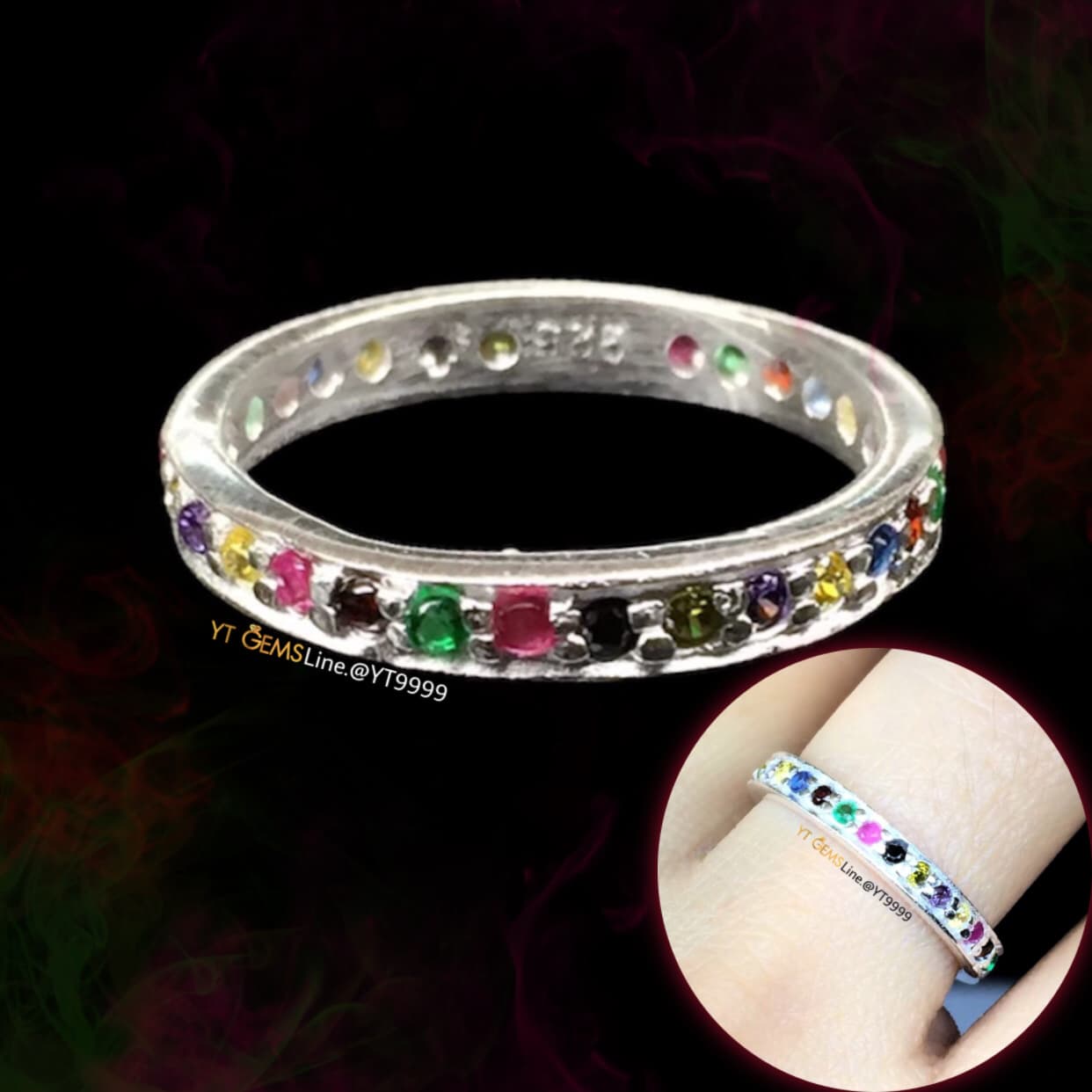 แหวนพิรอด นพเก้า รอบวง แหวนเงินแท้ พลอยหลากสี (CZ) แหวนแถว YTG-11200 YTGEMS