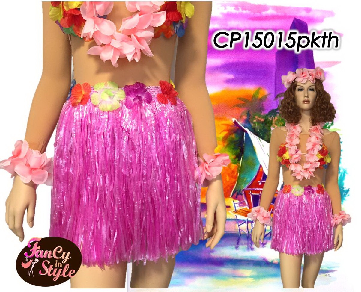 กระโปรงฮาวายสั้นอย่างหนา ความยาว 14 นิ้วสีชมพูรวม setมาลัยดอกไม้ 4 ชิ้น/Short Skirt Hawaii Costume with flower set