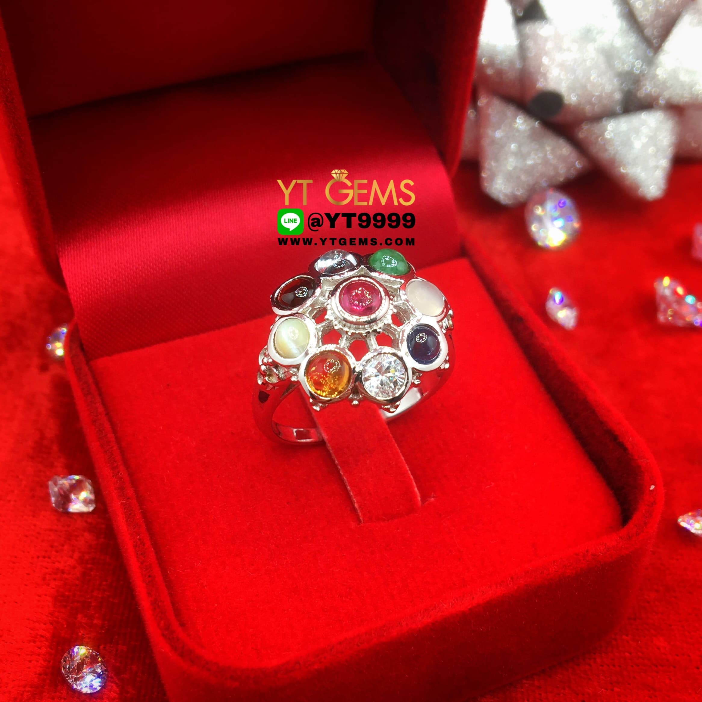 แหวนนพเก้าแท้ ทรงโบราณ แหวนเงินแท้ ชุบทองคำขาว พลอยนพเก้าแท้ (พลอยแท้ครบตามตำรา) YTG-1071 YTGEMS