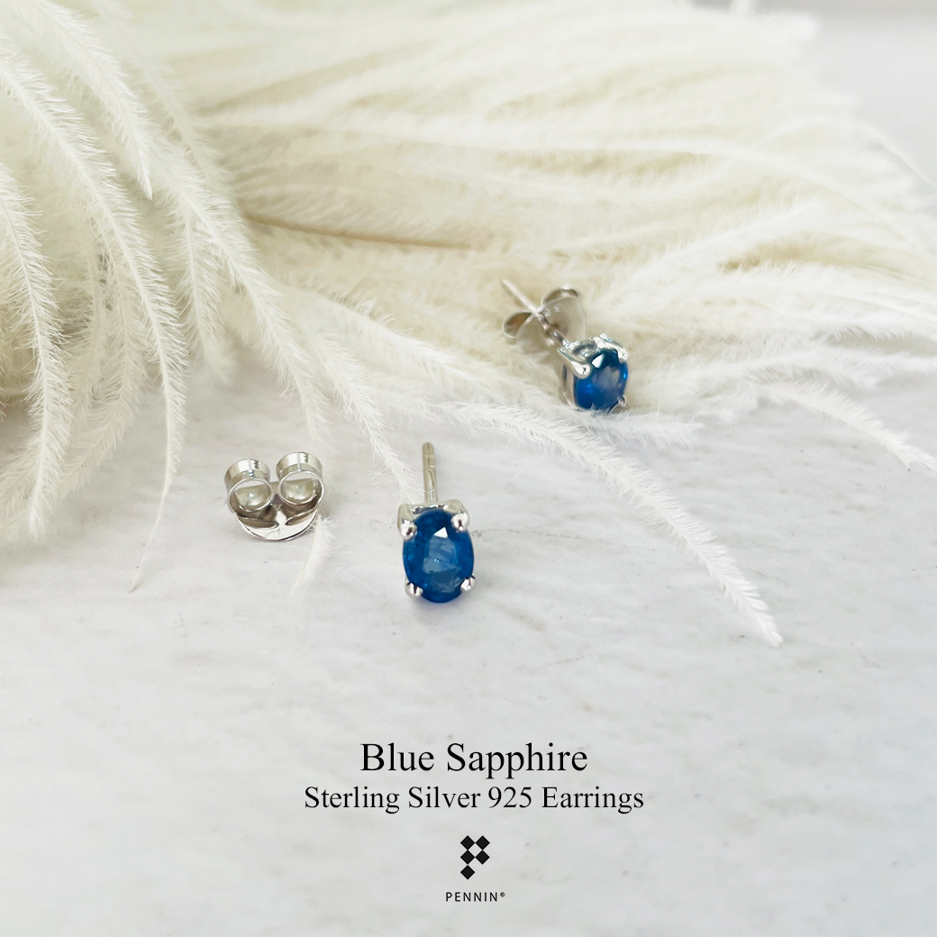 E18820 ต่างหูไพลิน กาญจนบุรี รูปไข่ 5x4mm ฝังหนามเตย เม็ดเดี่ยว แบบเสียบ เงินชุบทองคำขาว