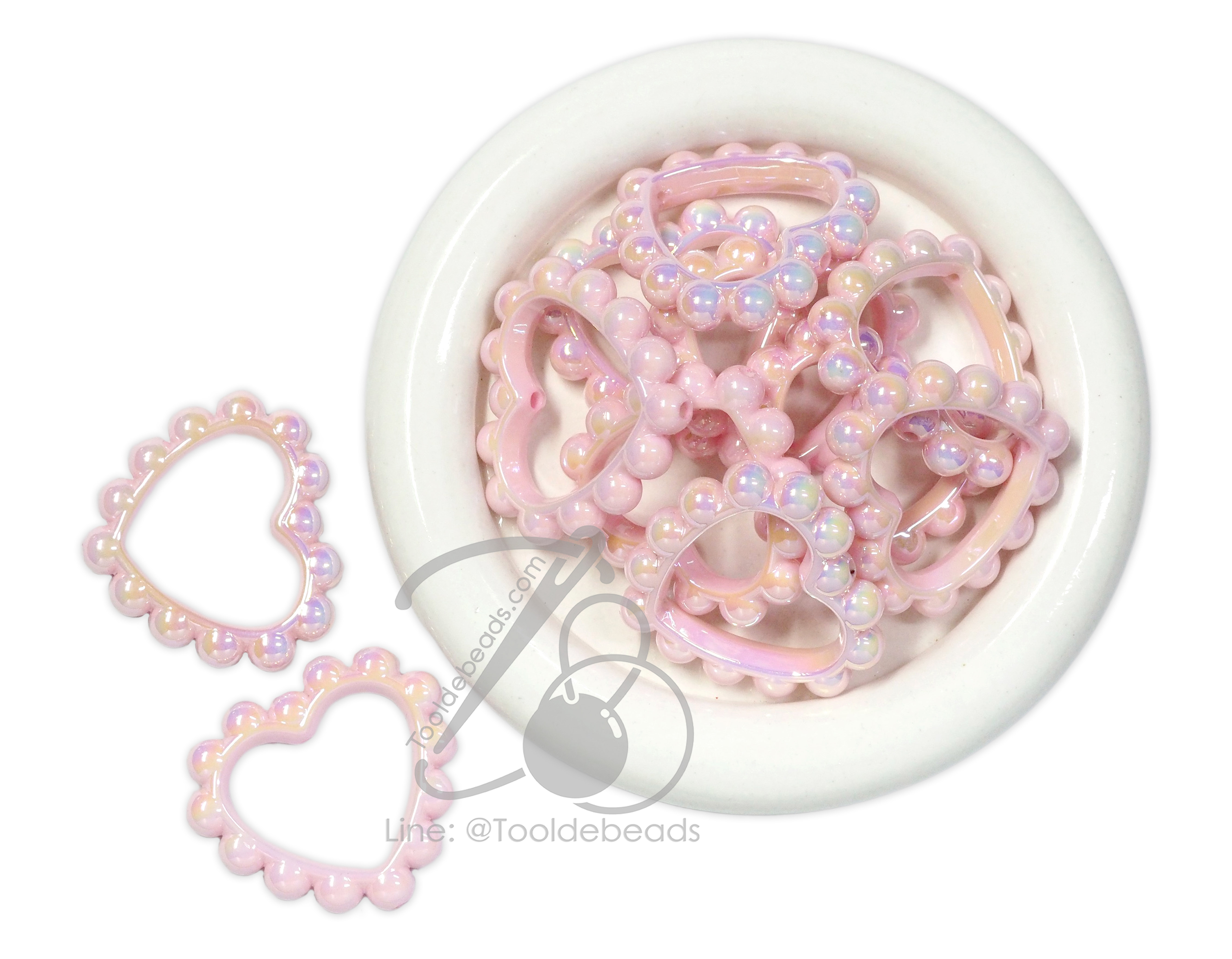 ลูกปัดอะคริลิค 42มม. ลายหัวใจ เคลือบรุ้ง สีชมพู (10 กรัม) SKU-16987